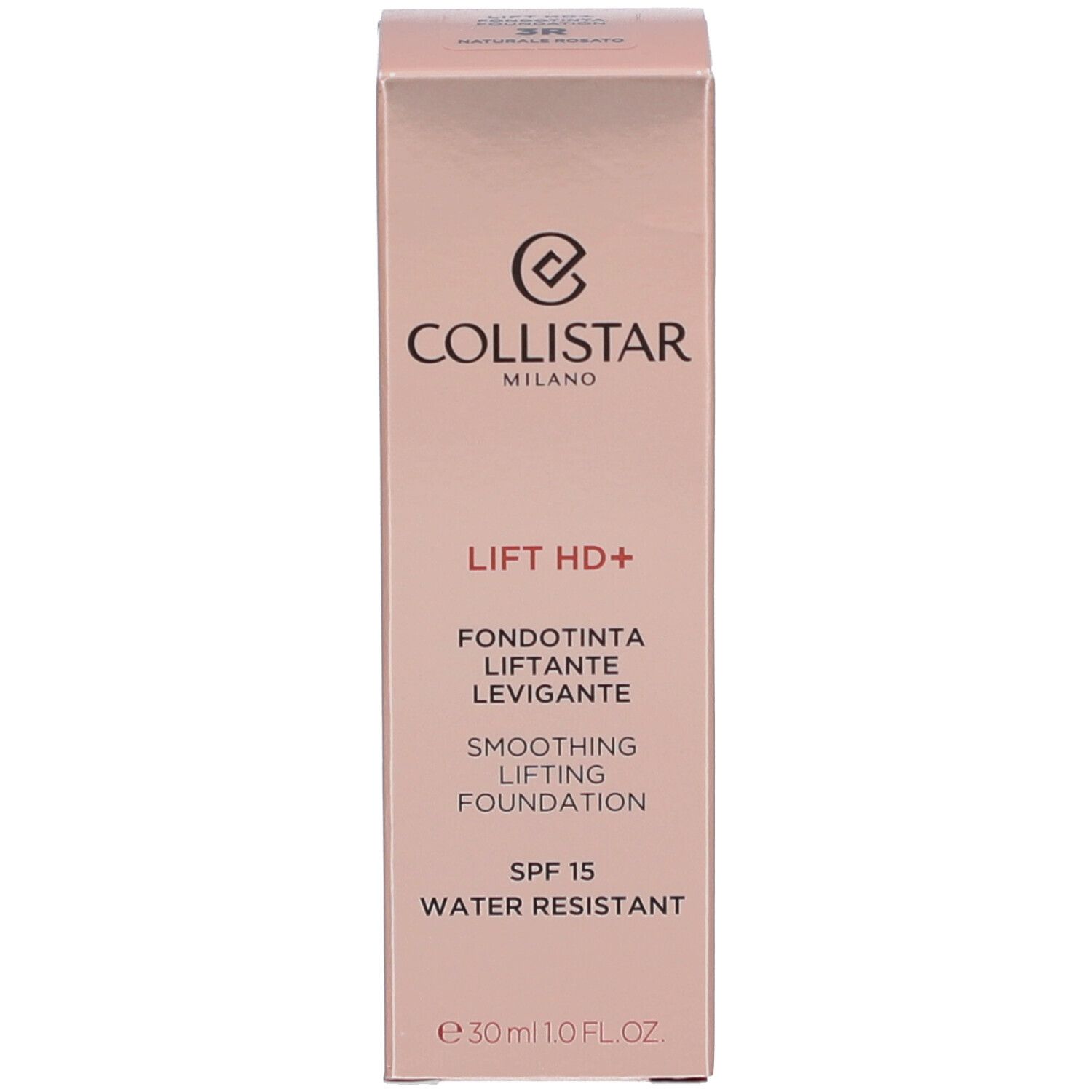 Emballage du fond de teint Collistar Lift HD+. Boîte rose avec informations. SPF 15, résistant à l'eau.