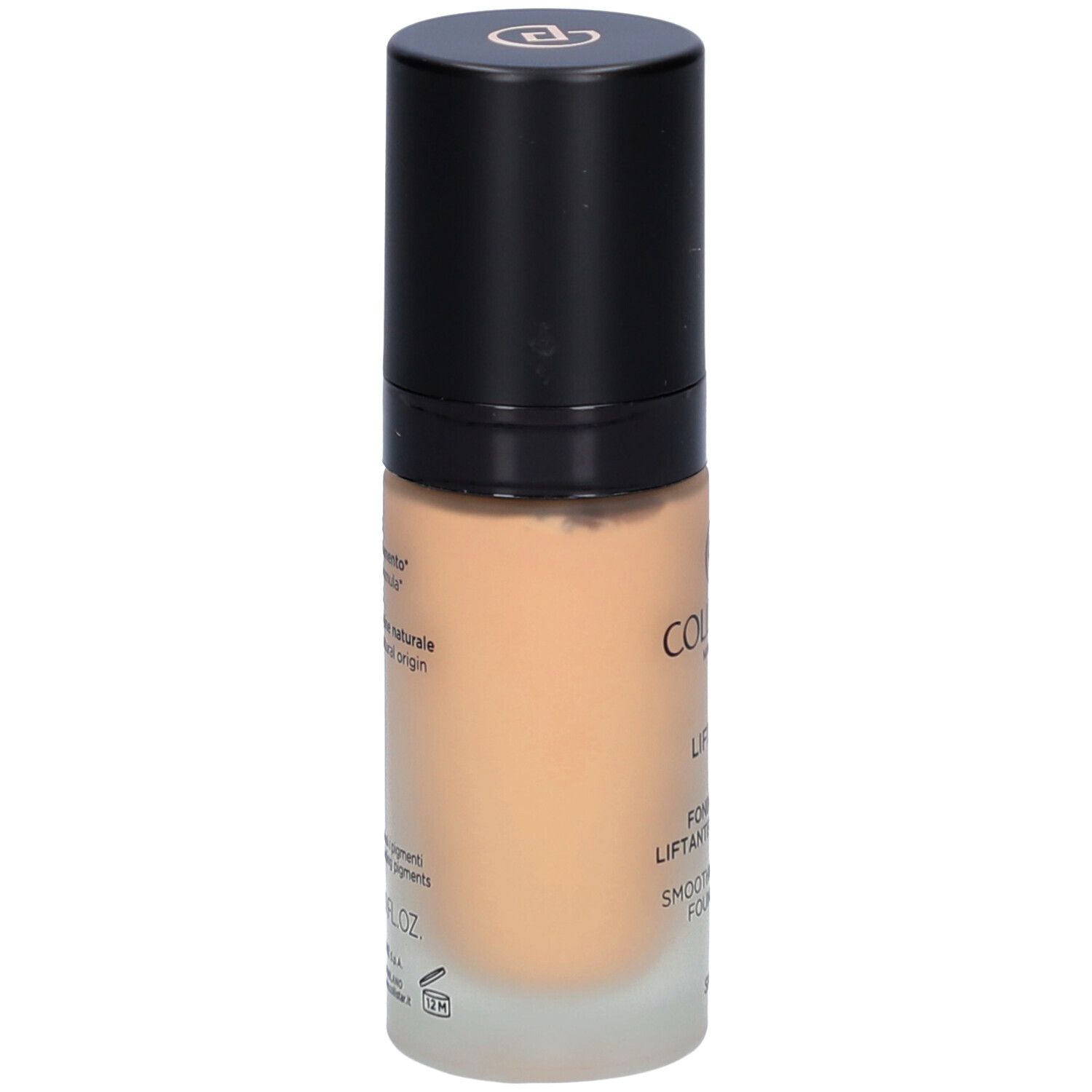 Flacon de fond de teint beige avec bouchon noir. Inscriptions: Collistar, Lift HD+, Fondotinta, SPF 15.