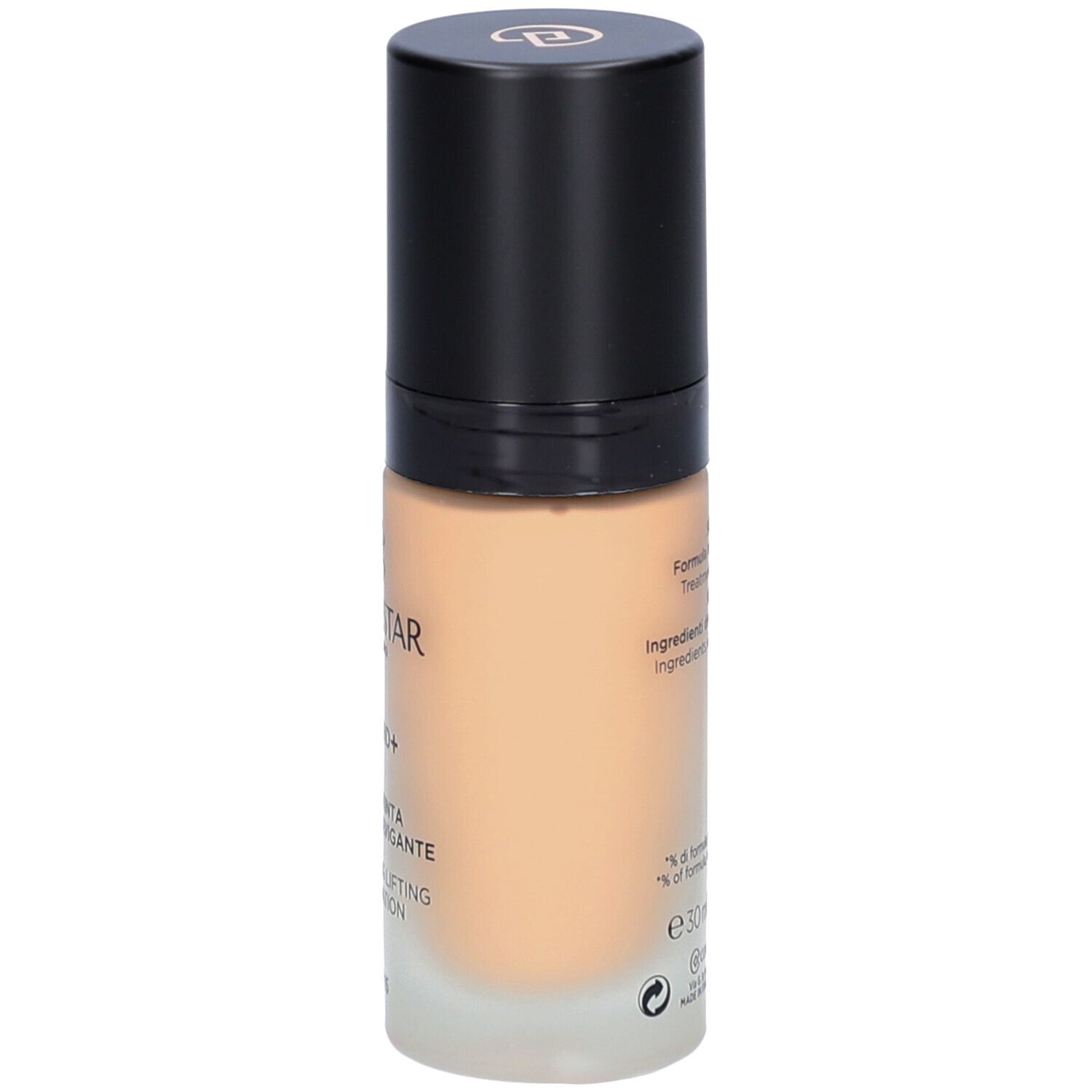 Flacon de fond de teint avec bouchon noir. Inscriptions: Collistar, Lift HD+, Fondotinta, 30ml.