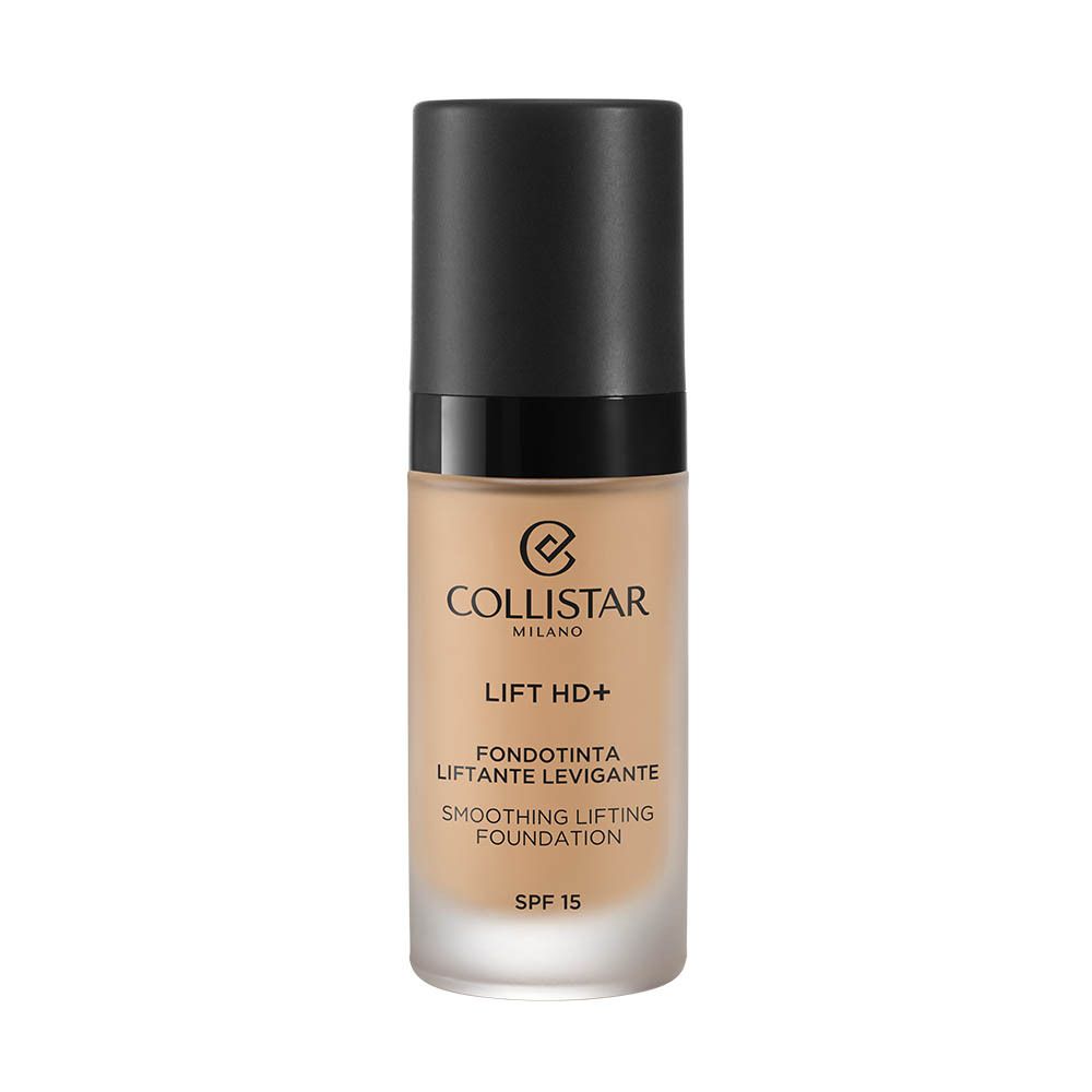 Flacon de fond de teint beige avec bouchon noir. Inscriptions: Collistar, Lift HD+, Smoothing Lifting Foundation, SPF 15.