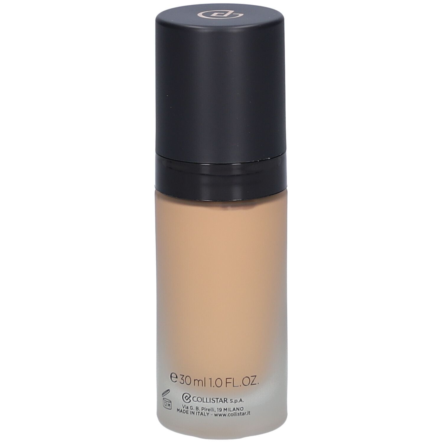 Flacon de fond de teint beige avec bouchon noir. Inscriptions: Collistar, Lift HD+, Smoothing Lifting Foundation, 30ml.