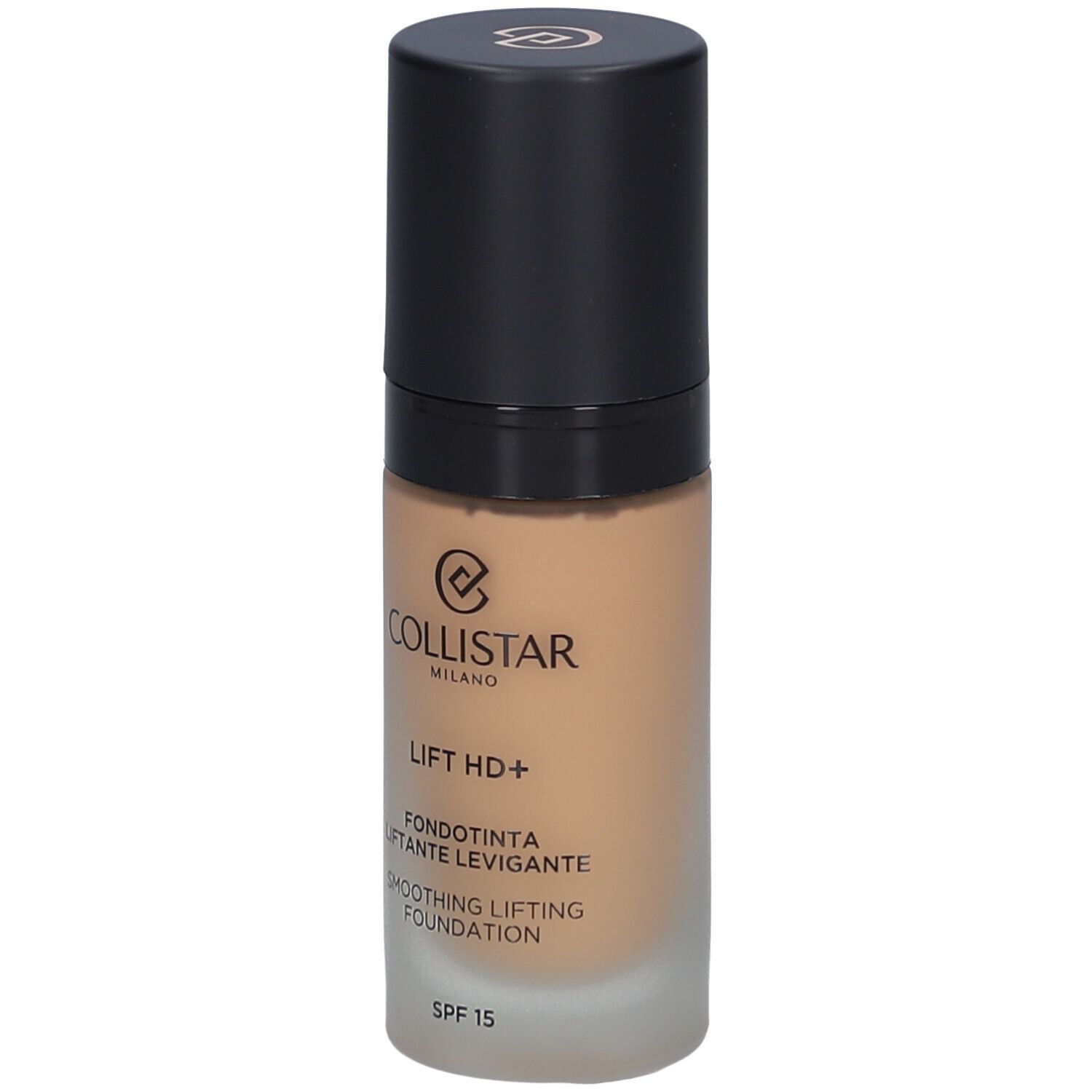 Flacon de fond de teint beige avec bouchon noir. Inscriptions: Collistar, Lift HD+, Smoothing Lifting Foundation, SPF 15.