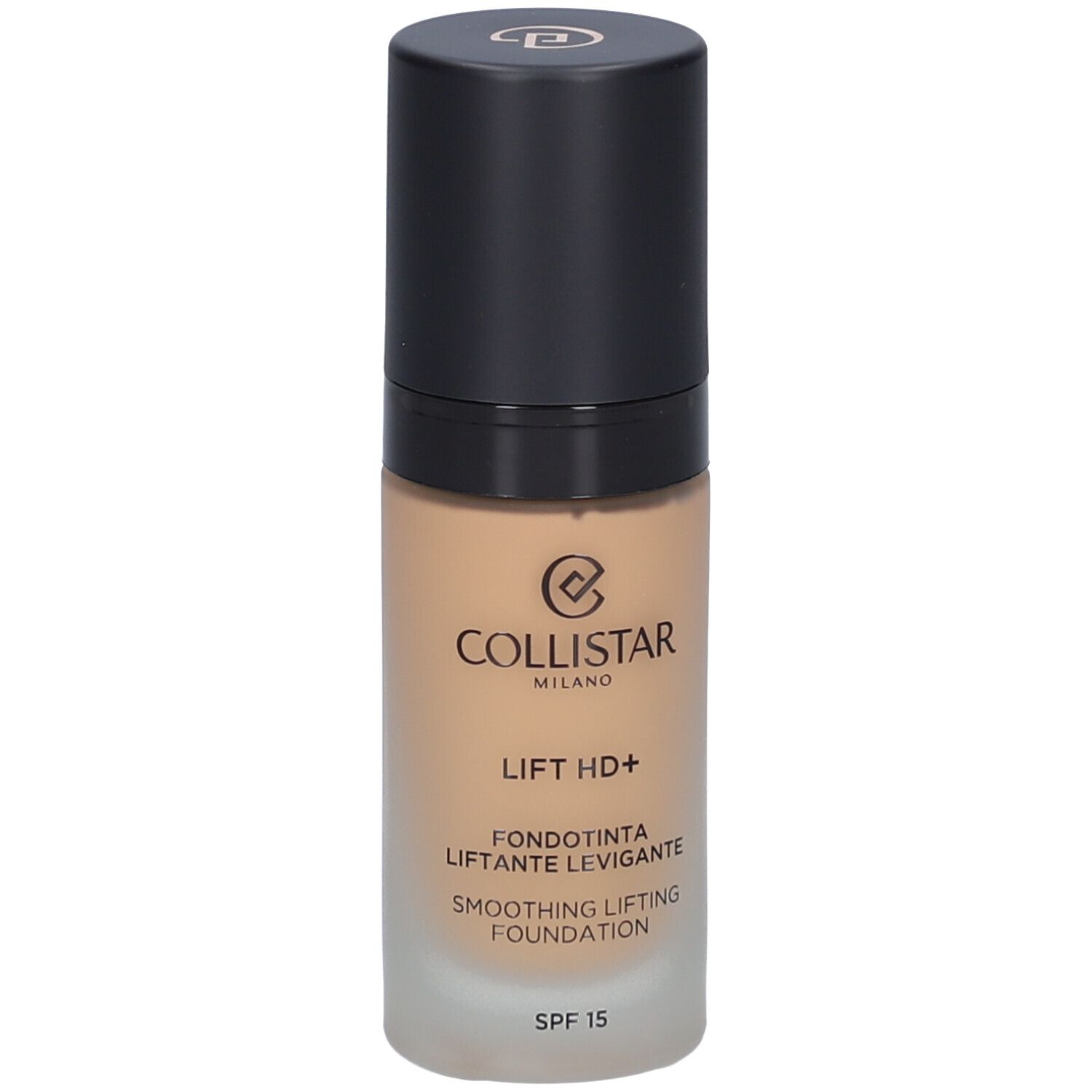 Flacon de fond de teint beige avec bouchon noir. Inscriptions: Collistar, Lift HD+, Smoothing Lifting Foundation, SPF 15.