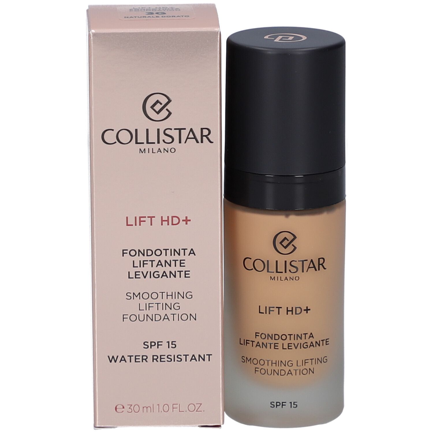 Flacon de fond de teint et emballage. Inscriptions: Collistar, Lift HD+, Smoothing Lifting Foundation, SPF 15, Water Resistant, 30ml.