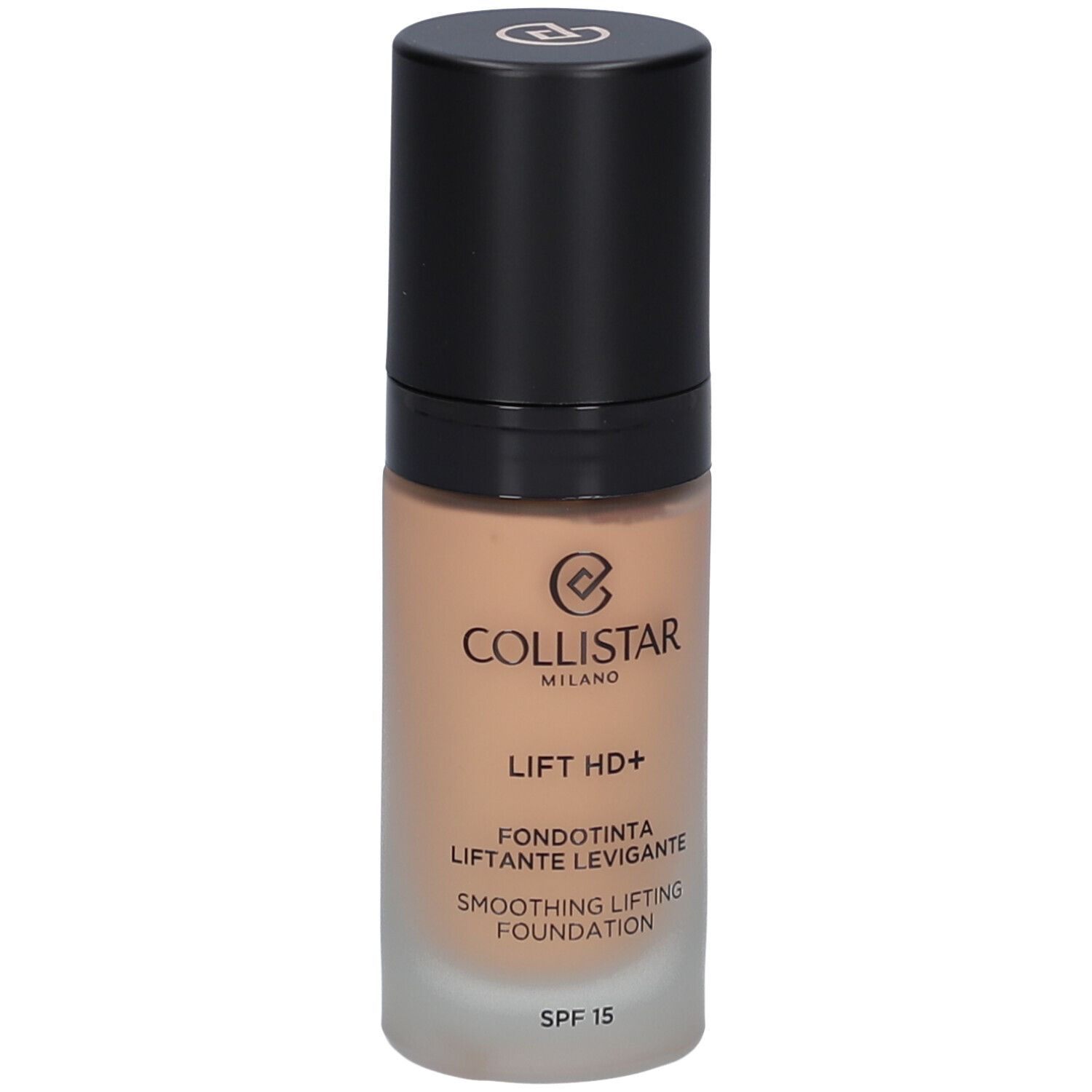 Flacon de fond de teint beige avec bouchon noir. Inscription : Collistar, Lift HD+, Smoothing Lifting Foundation, SPF 15.
