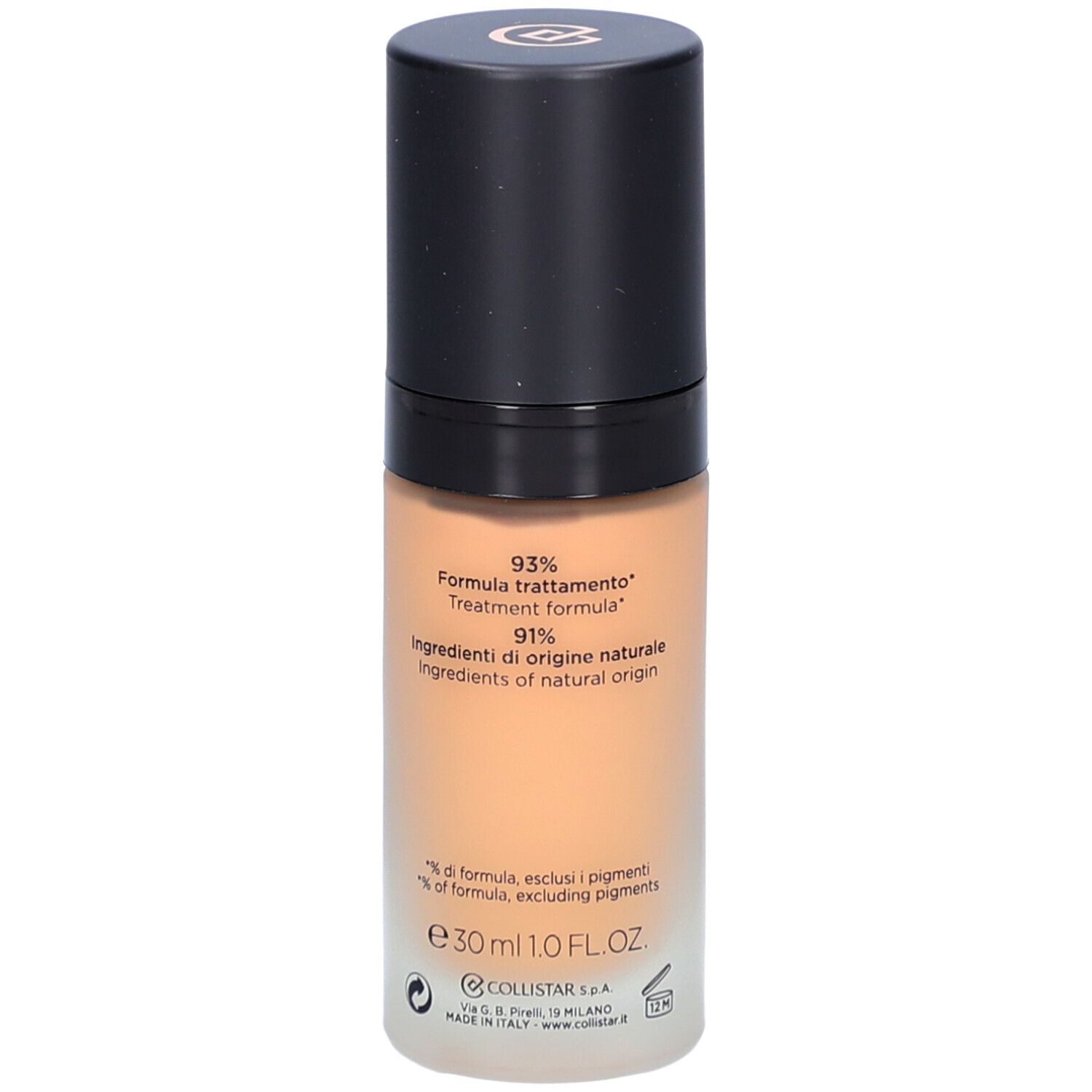 Flacon de fond de teint, dos. Inscription: 93% formule, 91% ingrédients d'origine naturelle, 30 ml.