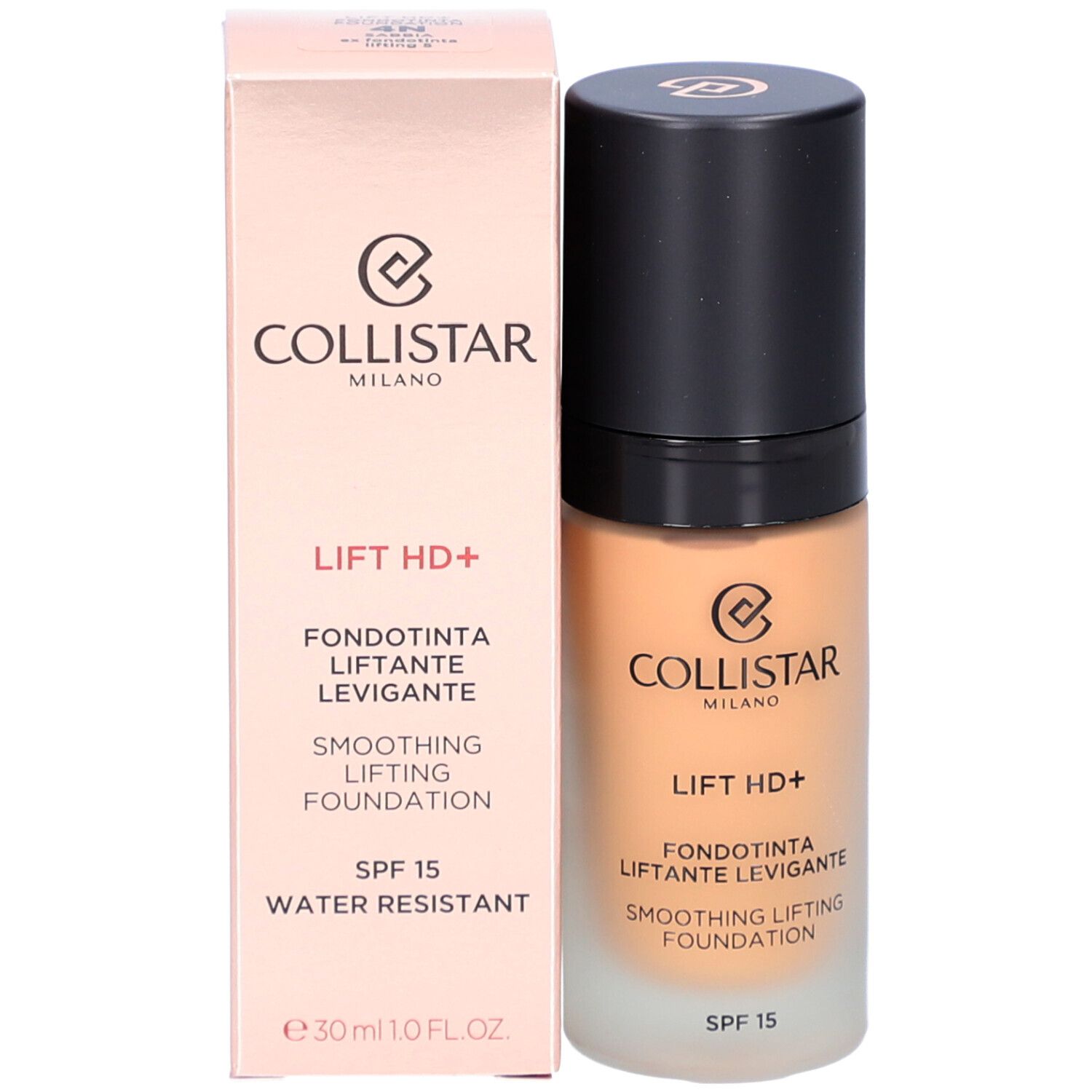 Flacon de fond de teint et emballage. Inscription: Collistar, Lift HD+, Smoothing Lifting Foundation, SPF 15, Water Resistant.