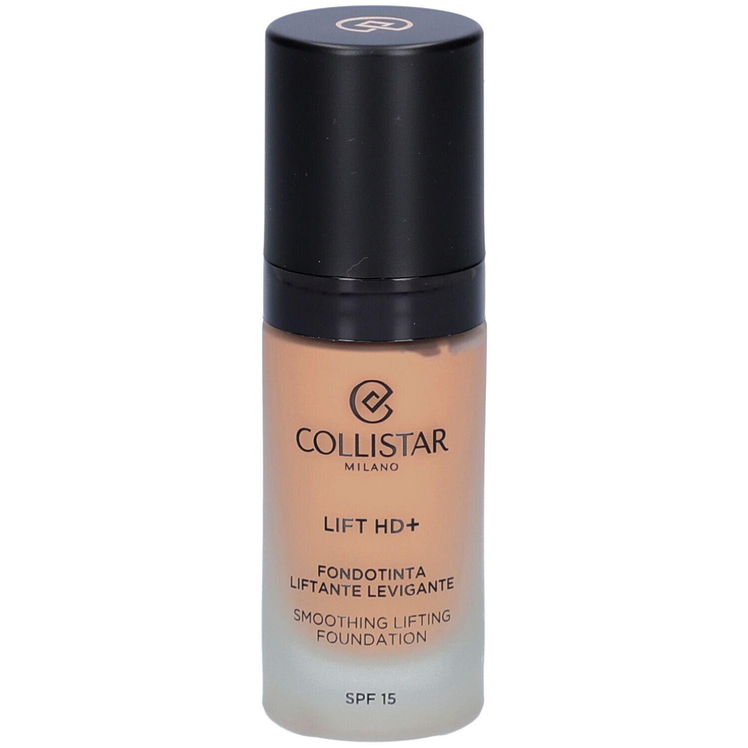 Flacon de fond de teint beige avec bouchon noir. Inscription : Collistar, Lift HD+, Smoothing Lifting Foundation, SPF 15.