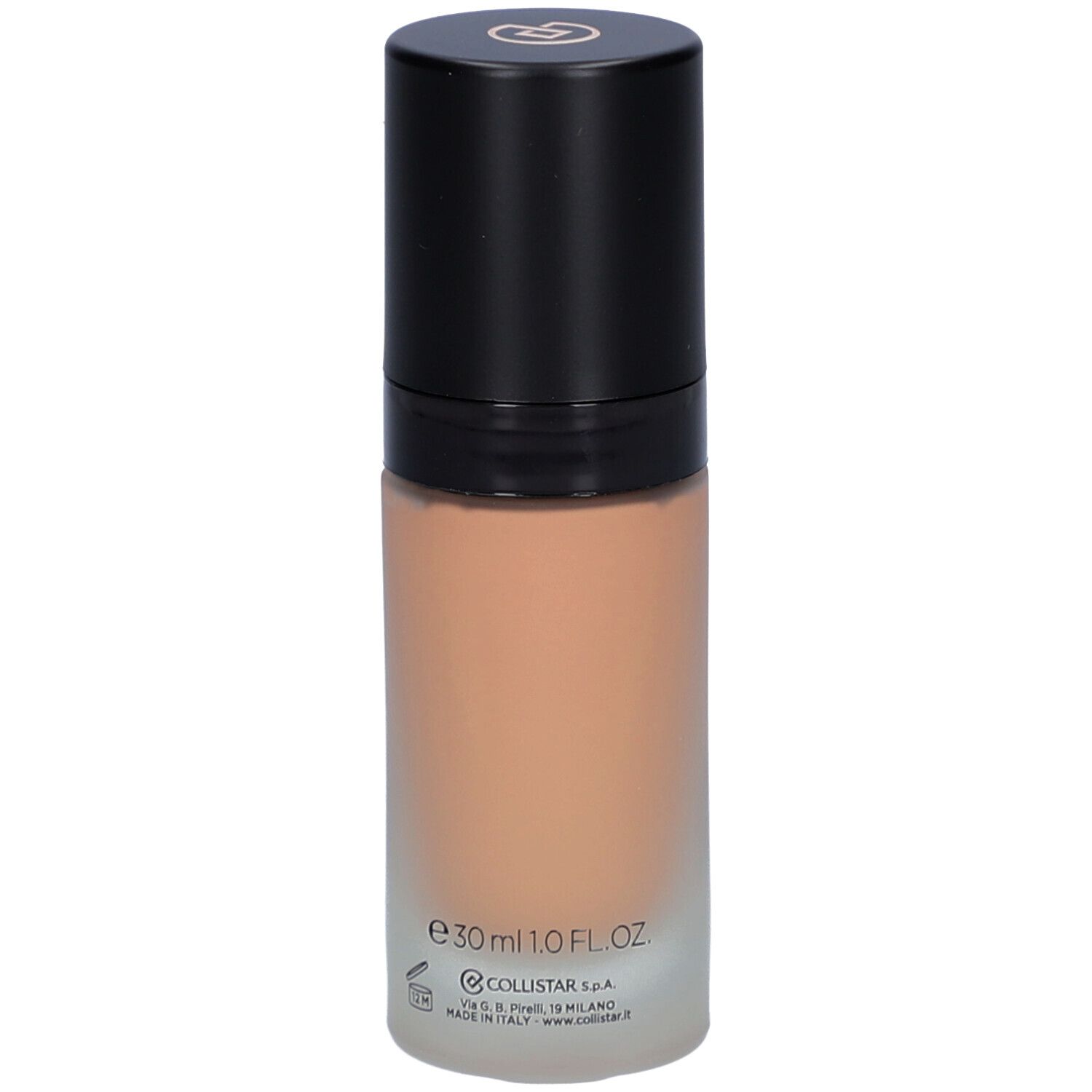 Flacon de fond de teint beige avec bouchon noir. Inscription : Collistar, Lift HD+, Smoothing Lifting Foundation, 30ml 1.0 FL.OZ.