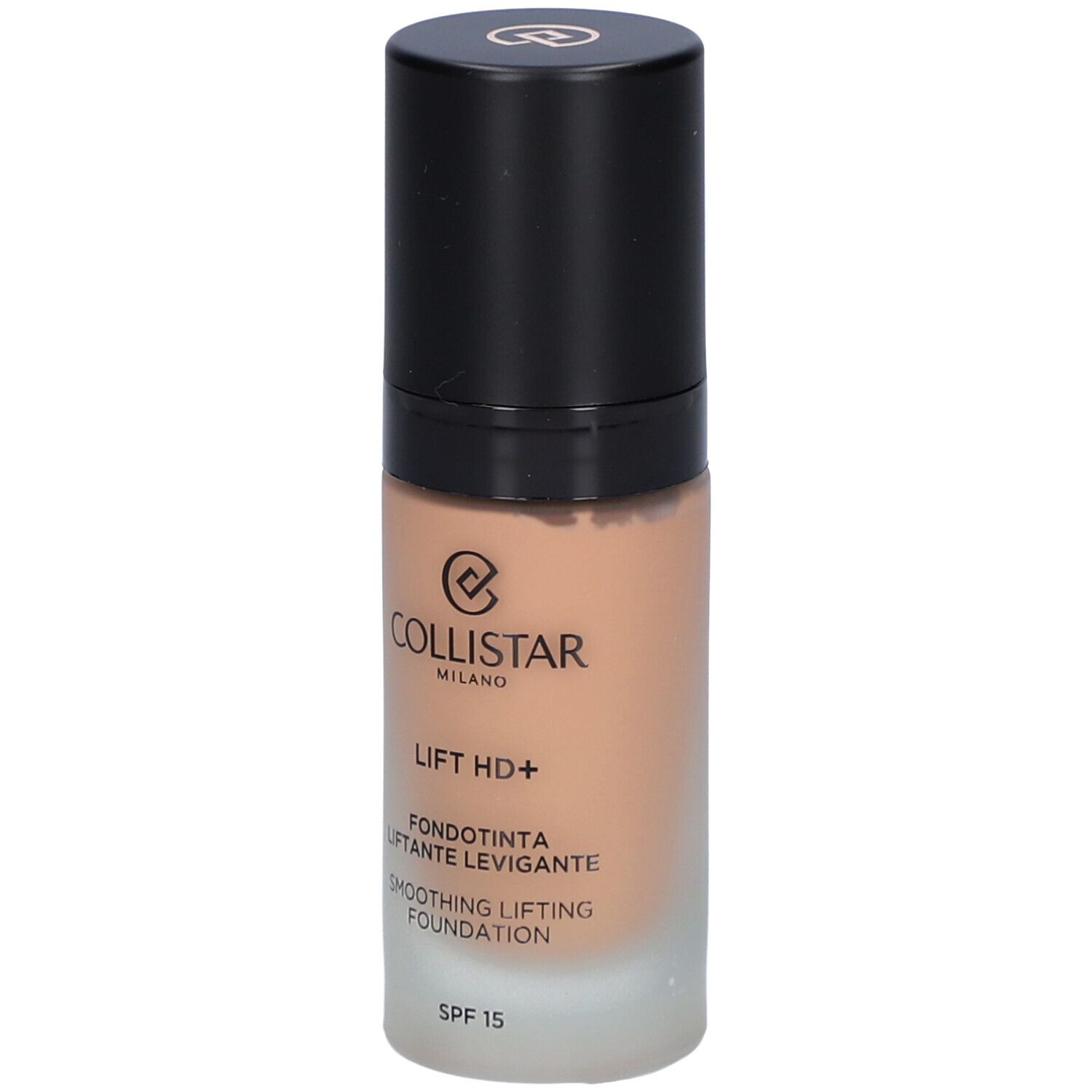 Flacon de fond de teint beige avec bouchon noir. Inscription : Collistar, Lift HD+, Smoothing Lifting Foundation, SPF 15.
