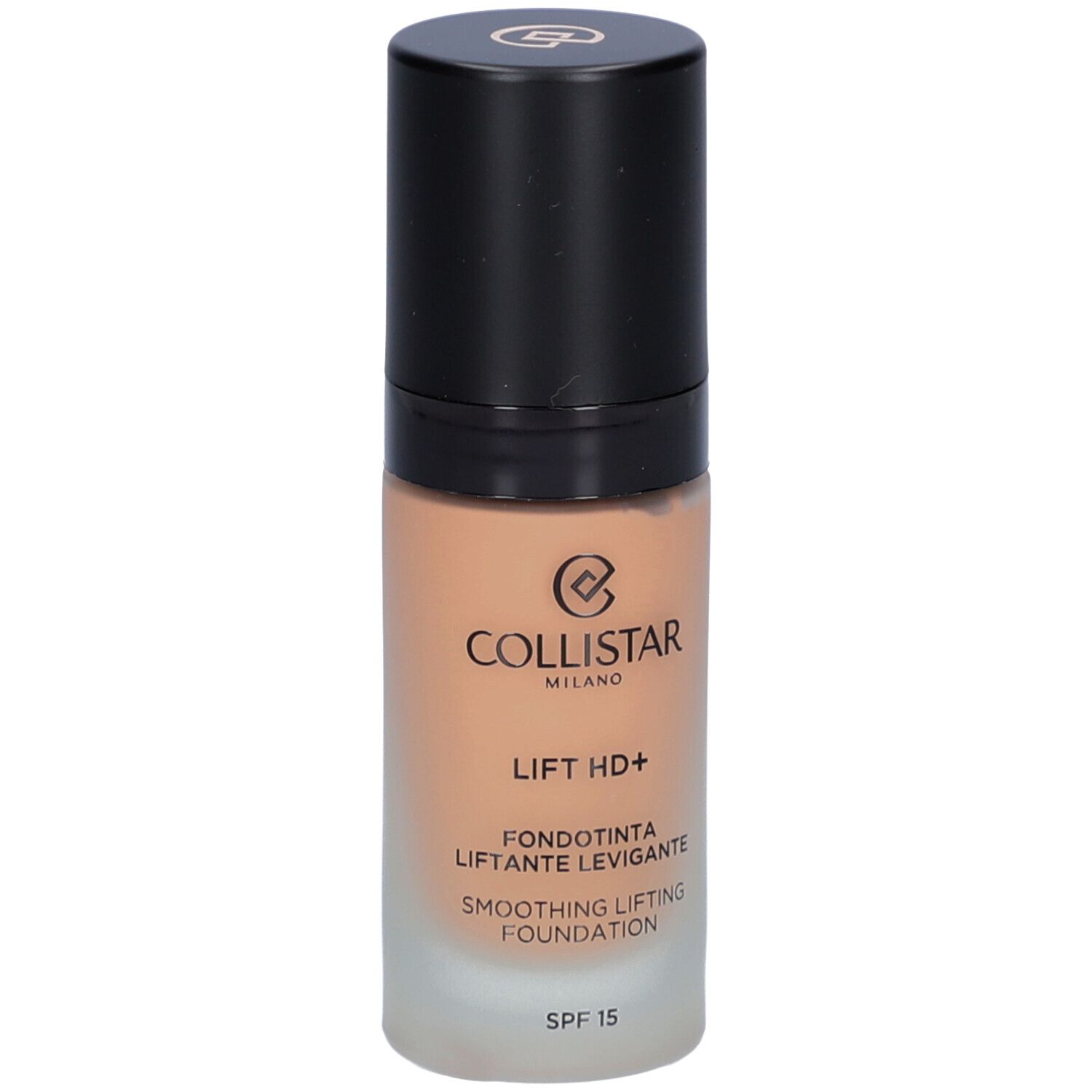 Flacon de fond de teint beige avec bouchon noir. Inscription : Collistar, Lift HD+, Smoothing Lifting Foundation, SPF 15.