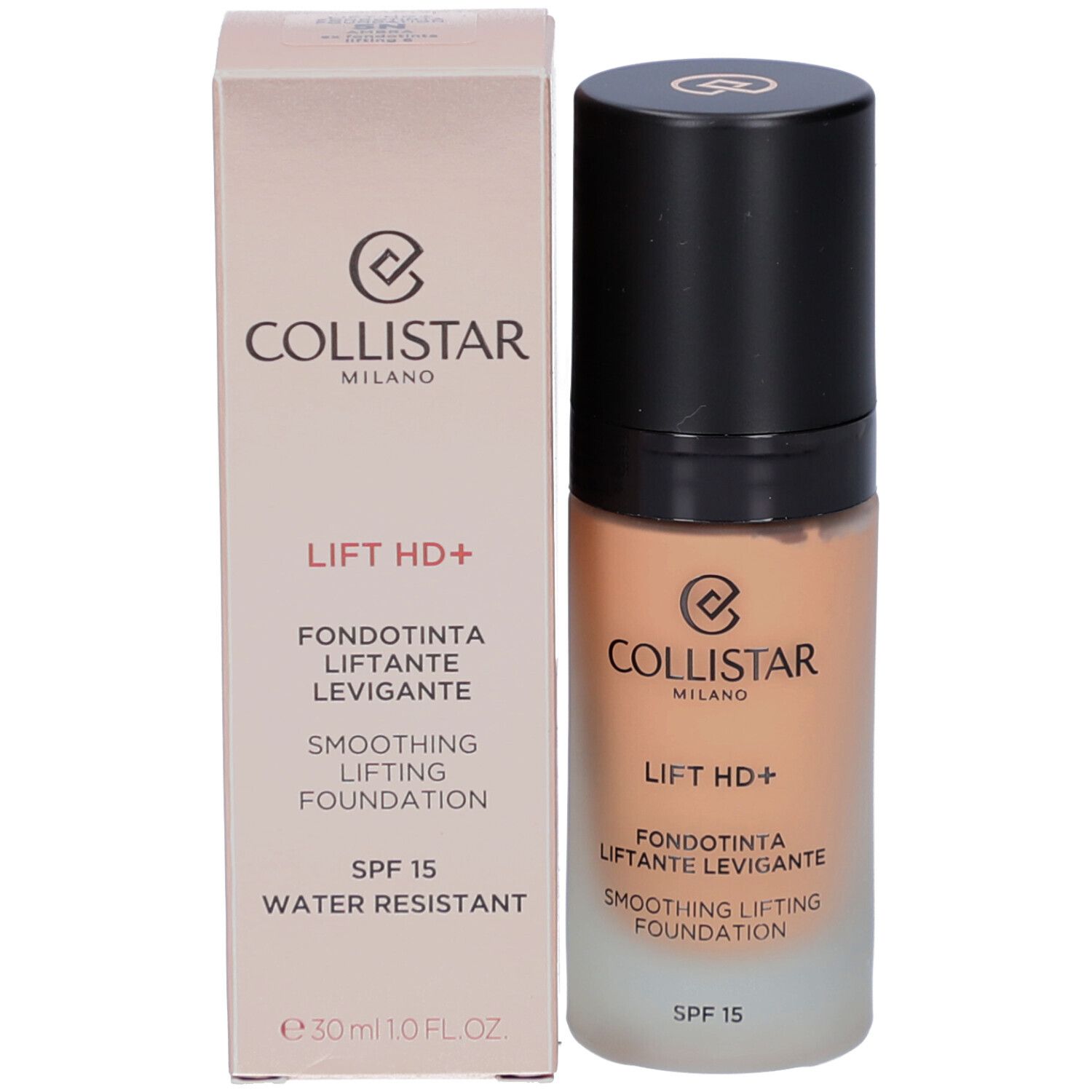 Flacon de fond de teint et emballage. Inscription : Collistar, Lift HD+, Smoothing Lifting Foundation, SPF 15, Water Resistant, 30ml.