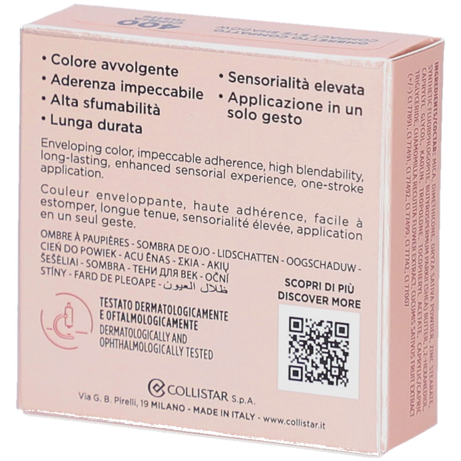 Dos de la boîte de fard à paupières. Marque Collistar. Texte: testé dermatologiquement et ophtalmologiquement. QR code.