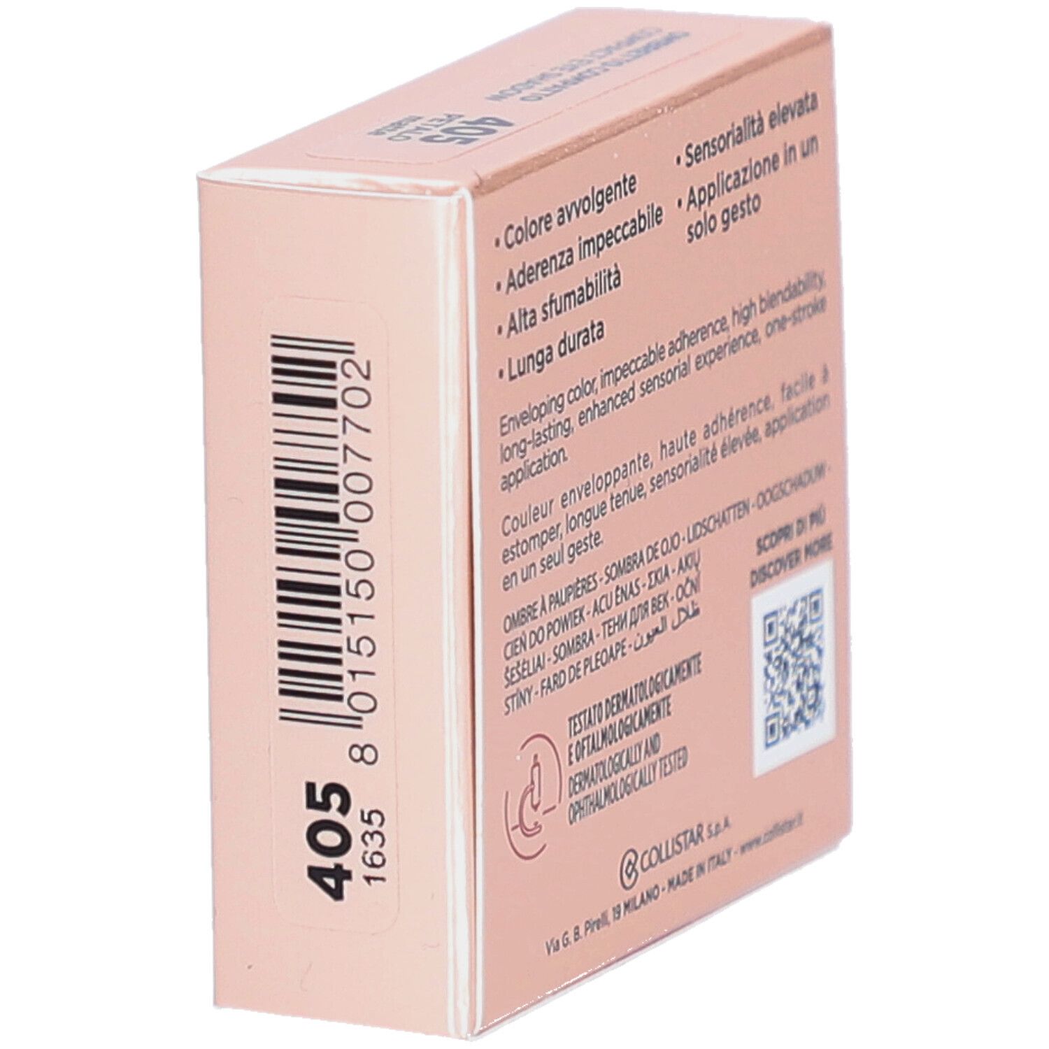 Dos de la boîte de fard à paupières. Texte multilingue. Testé dermatologiquement et ophtalmologiquement.