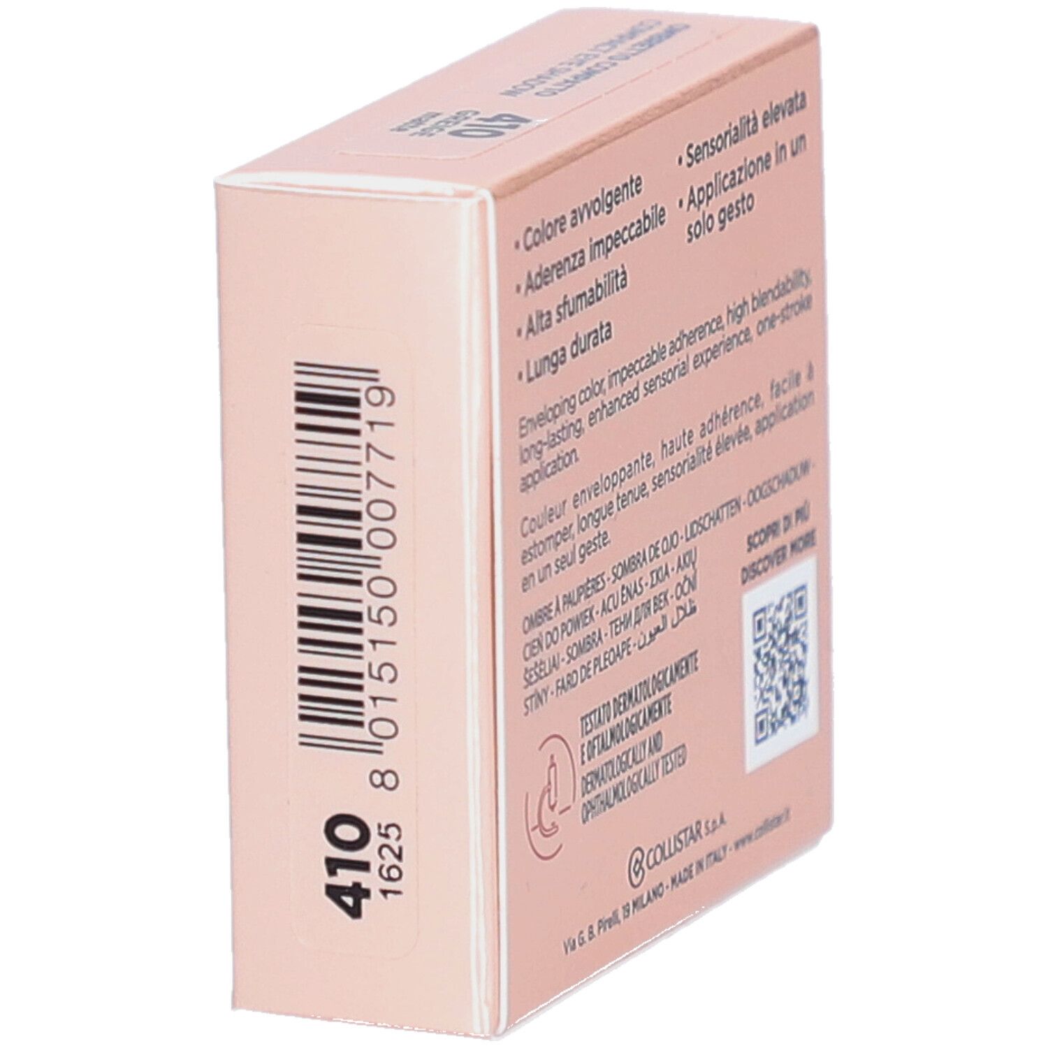 Boîte de fard à paupières compact Collistar Impeccabile. Vue latérale avec informations et code-barres.