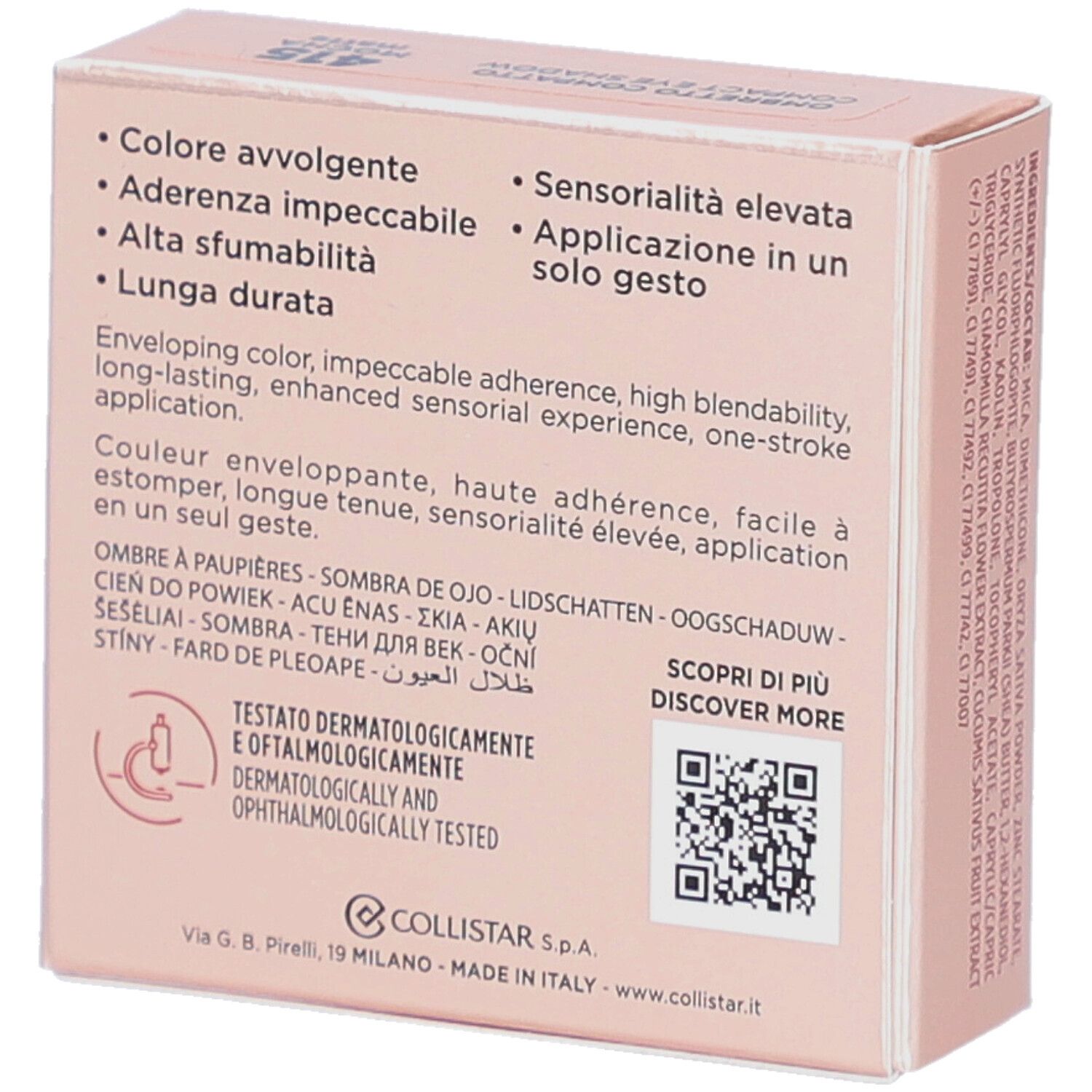 Boîte de fard à paupières compact. Marque Collistar. Dos avec caractéristiques et logo.