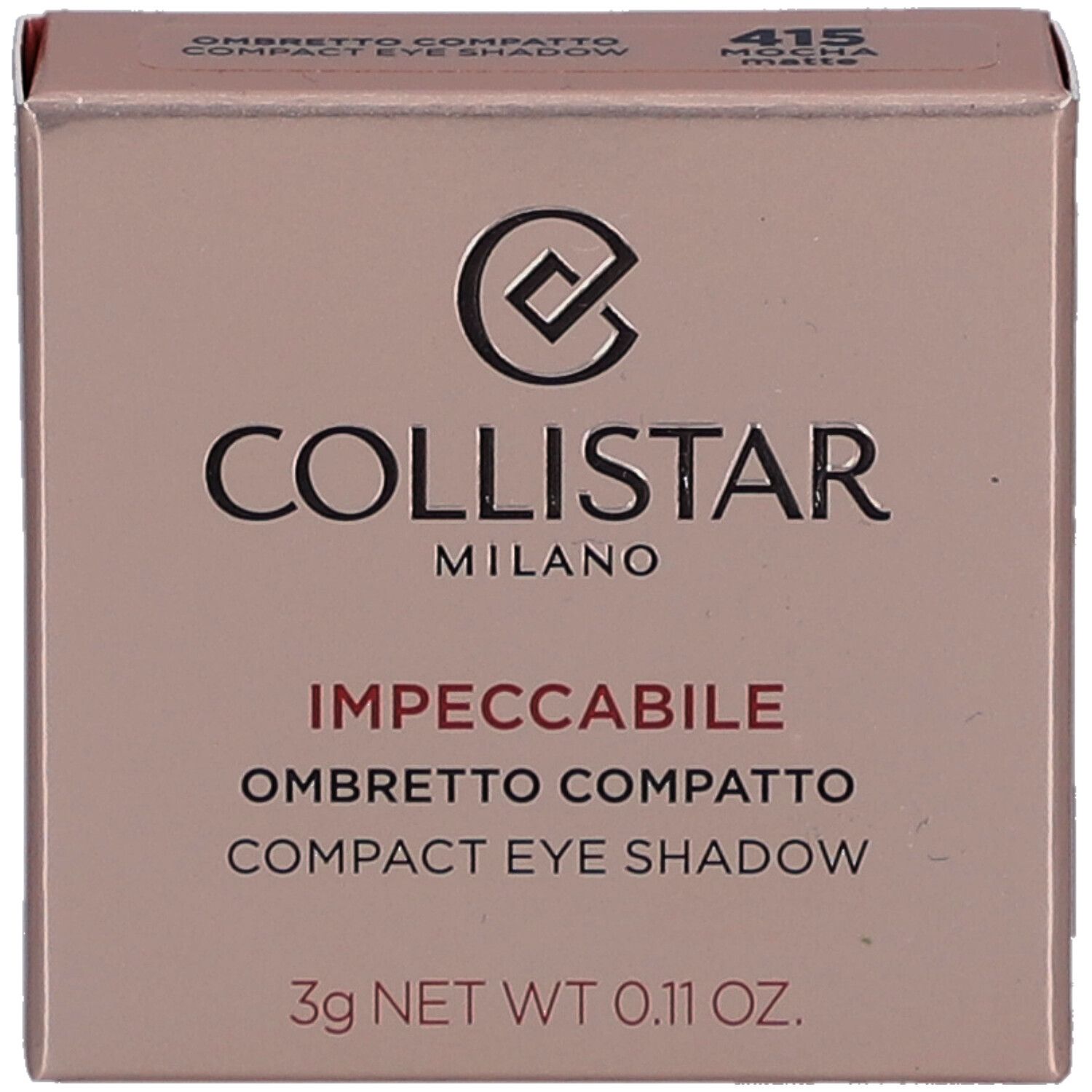 Boîte de fard à paupières compact. Marque Collistar. Carton rose avec informations et logo.