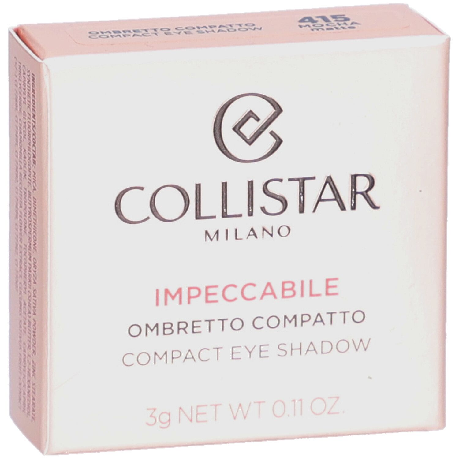 Boîte de fard à paupières compact. Marque Collistar. Carton rose avec informations et logo.