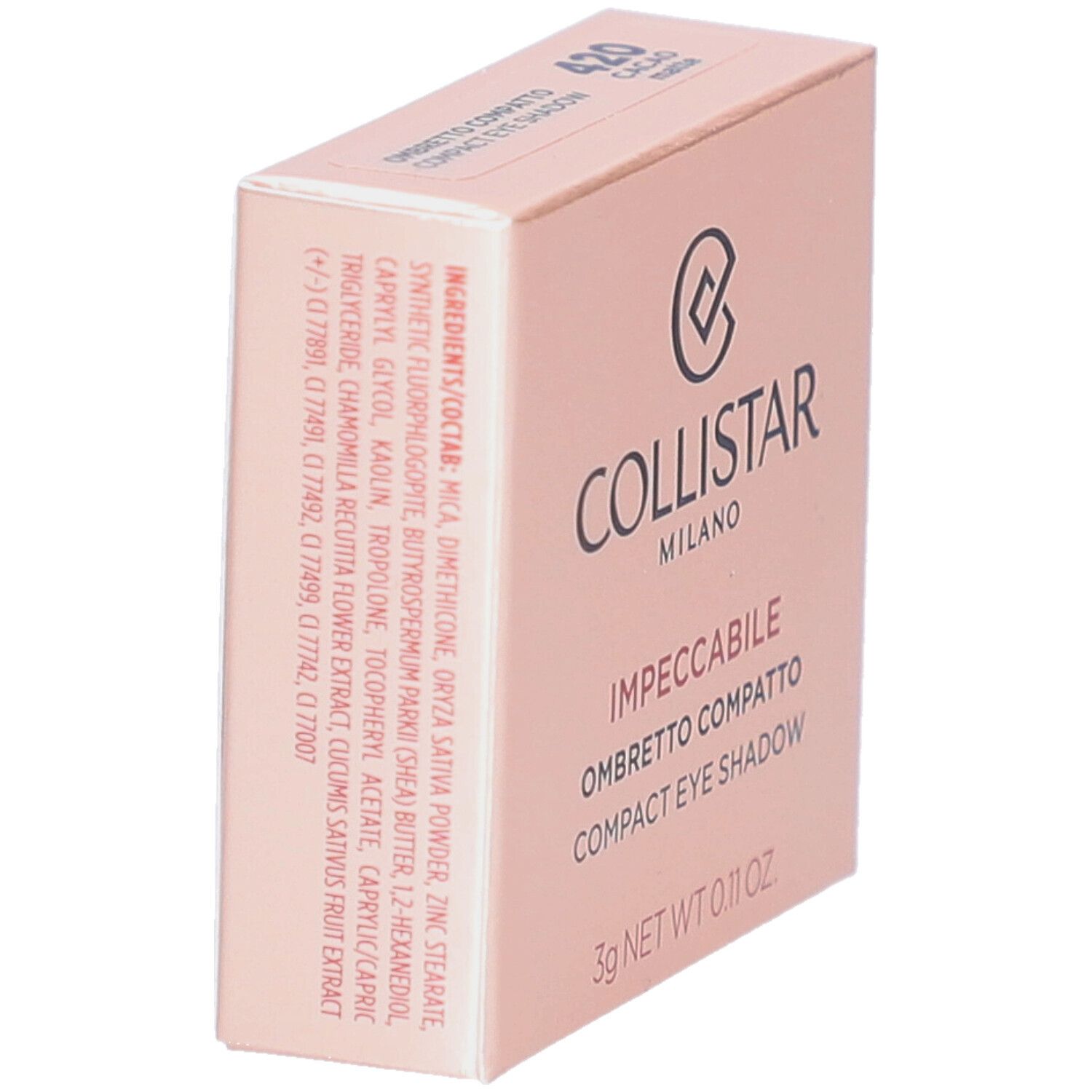 Ombre à paupières compacte Collistar, emballage rose. Ingrédients et texte en italien et anglais. Teinte 420 Cacao Matte.