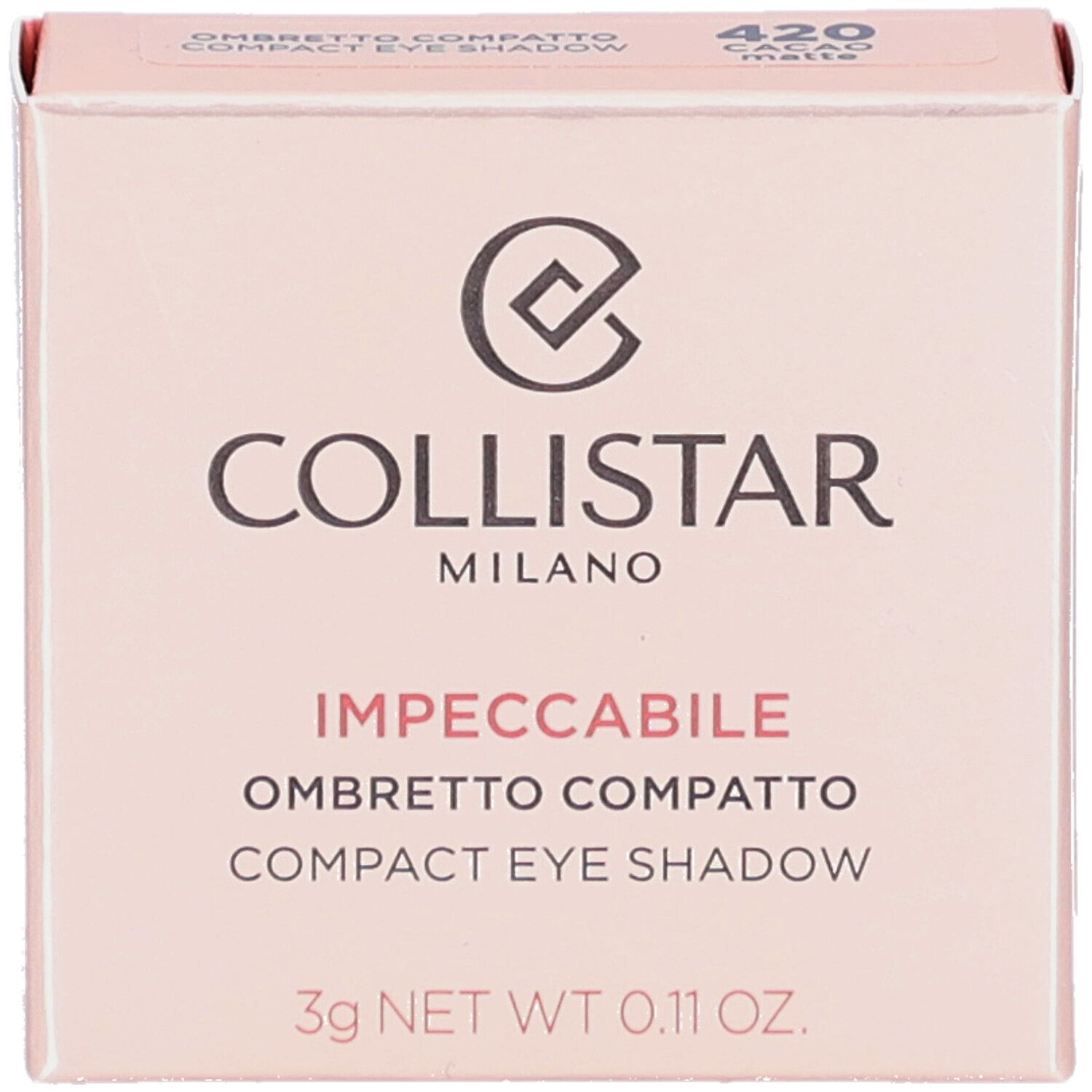 Ombre à paupières compacte Collistar, emballage rose. Teinte 420 Cacao Matte. 3g net. Texte en italien et anglais.