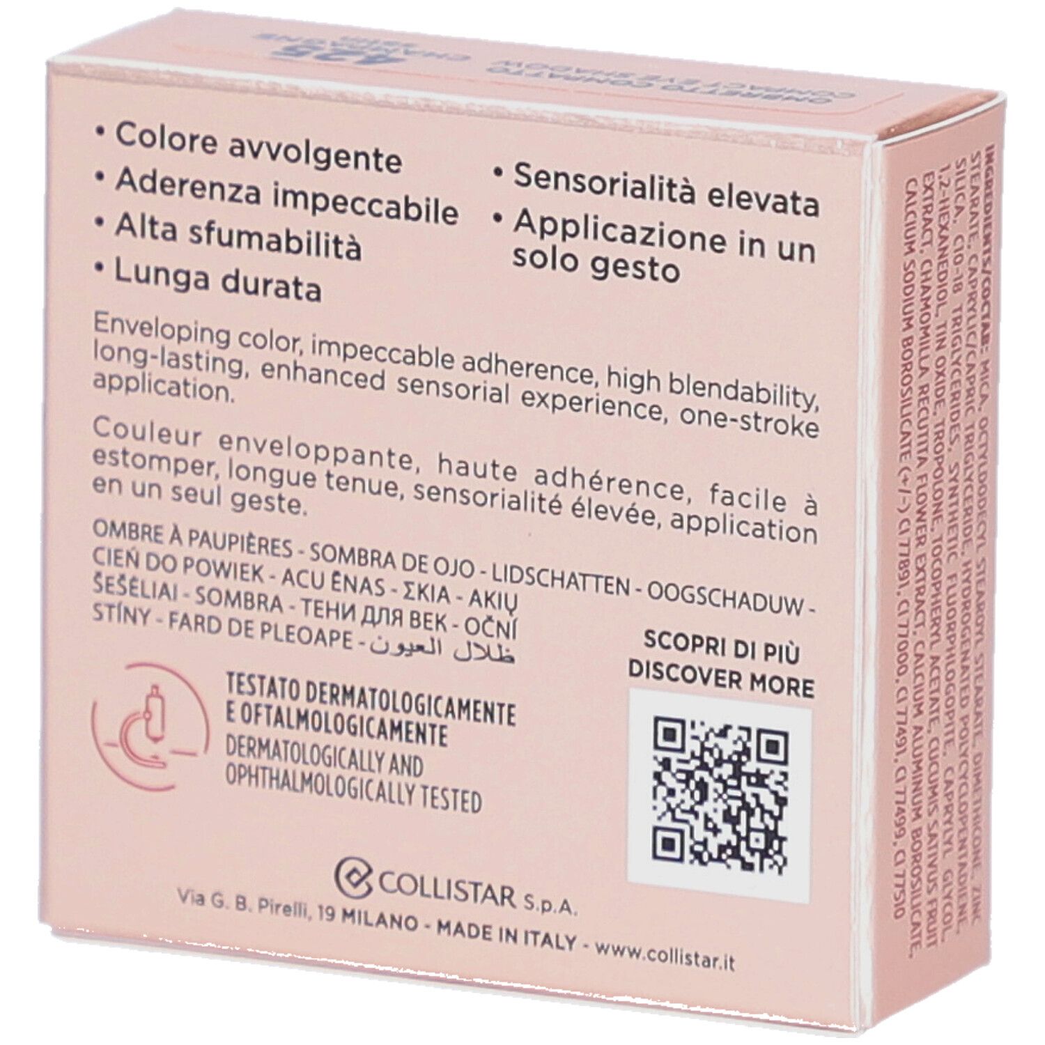 Dos du packaging de fard à paupières rose. Texte : Caractéristiques, ingrédients, testé dermatologiquement et ophtalmologiquement.