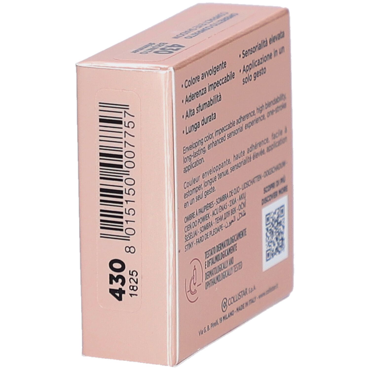 Emballage rose avec code-barres et teinte 430. Marque Collistar, inscription Impeccabile. Testé dermatologiquement et ophtalmologiquement.