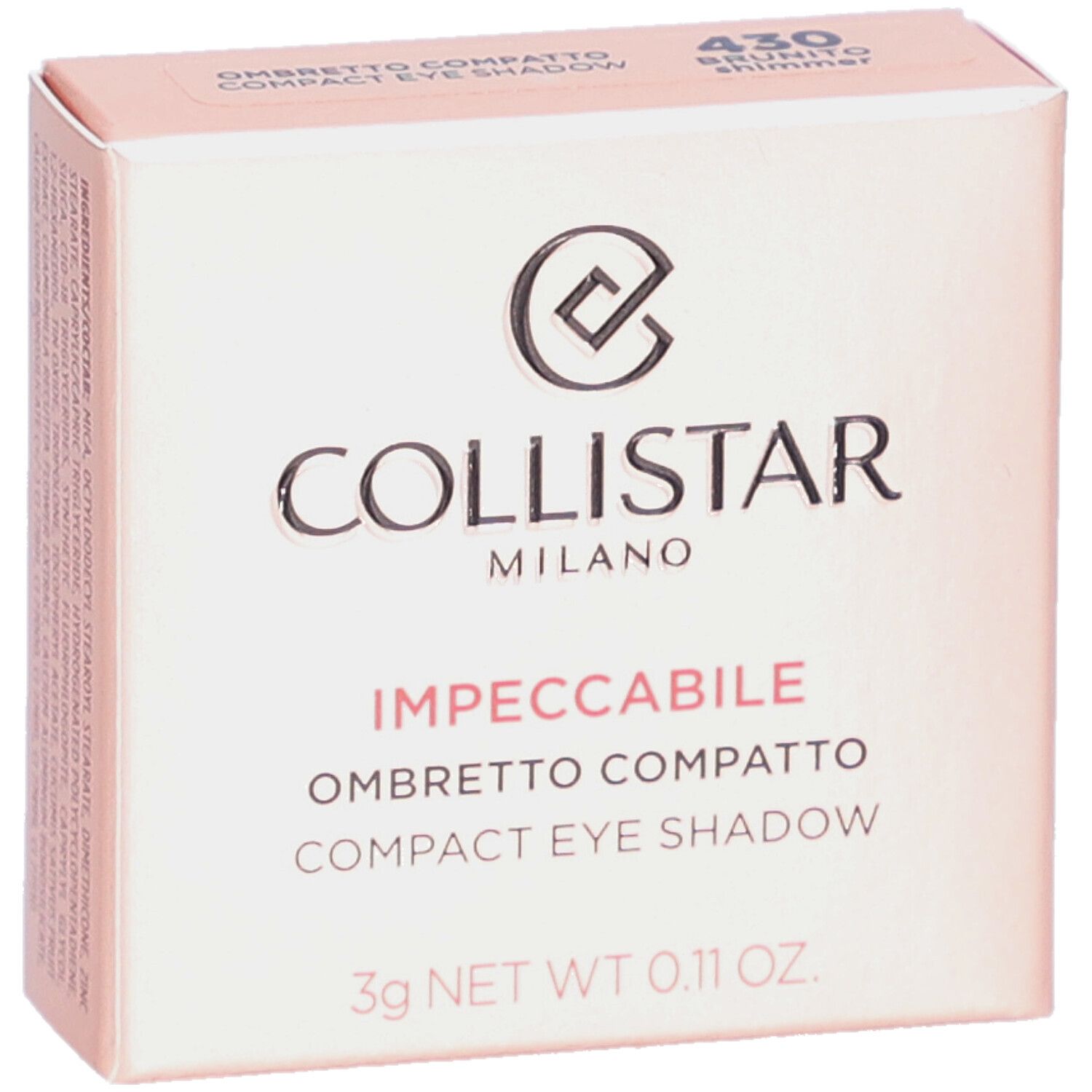 Fard à paupières compact Collistar, emballage rose. Inscription Impeccabile. Teinte 430 Brunito Shimmer.
