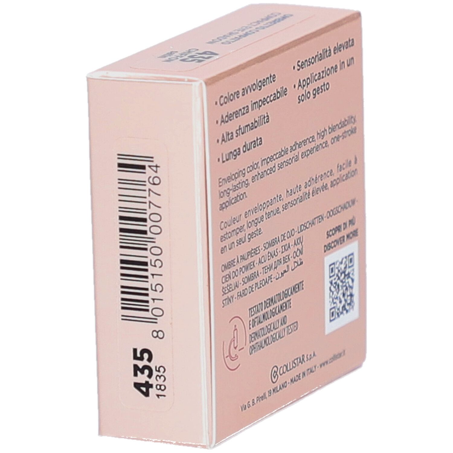 Boîte rose. Collistar Milano, Impeccabile Compact Eyeshadow. Code-barres et numéro de couleur 435.