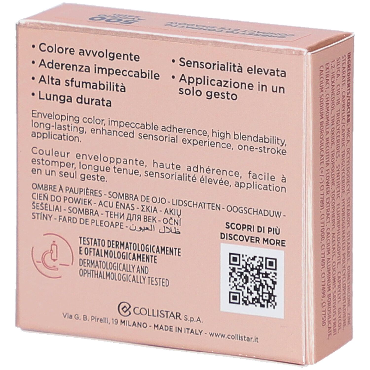 Dos de la boîte de fard à paupières. Texte: Collistar Milano. Testé dermatologiquement et ophtalmologiquement. QR code.