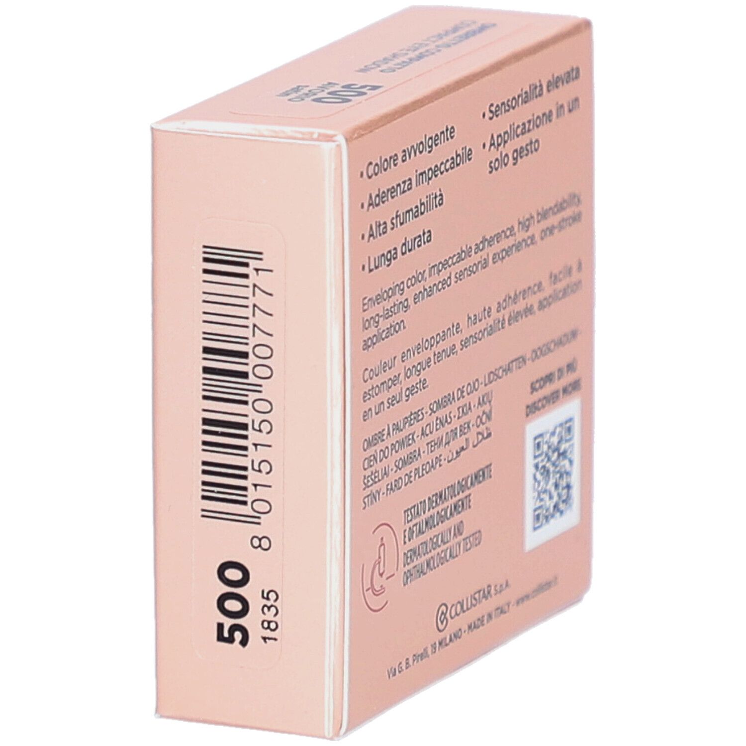 Dos de la boîte de fard à paupières. Texte: Collistar Milano. Testé dermatologiquement et ophtalmologiquement. Code-barres.