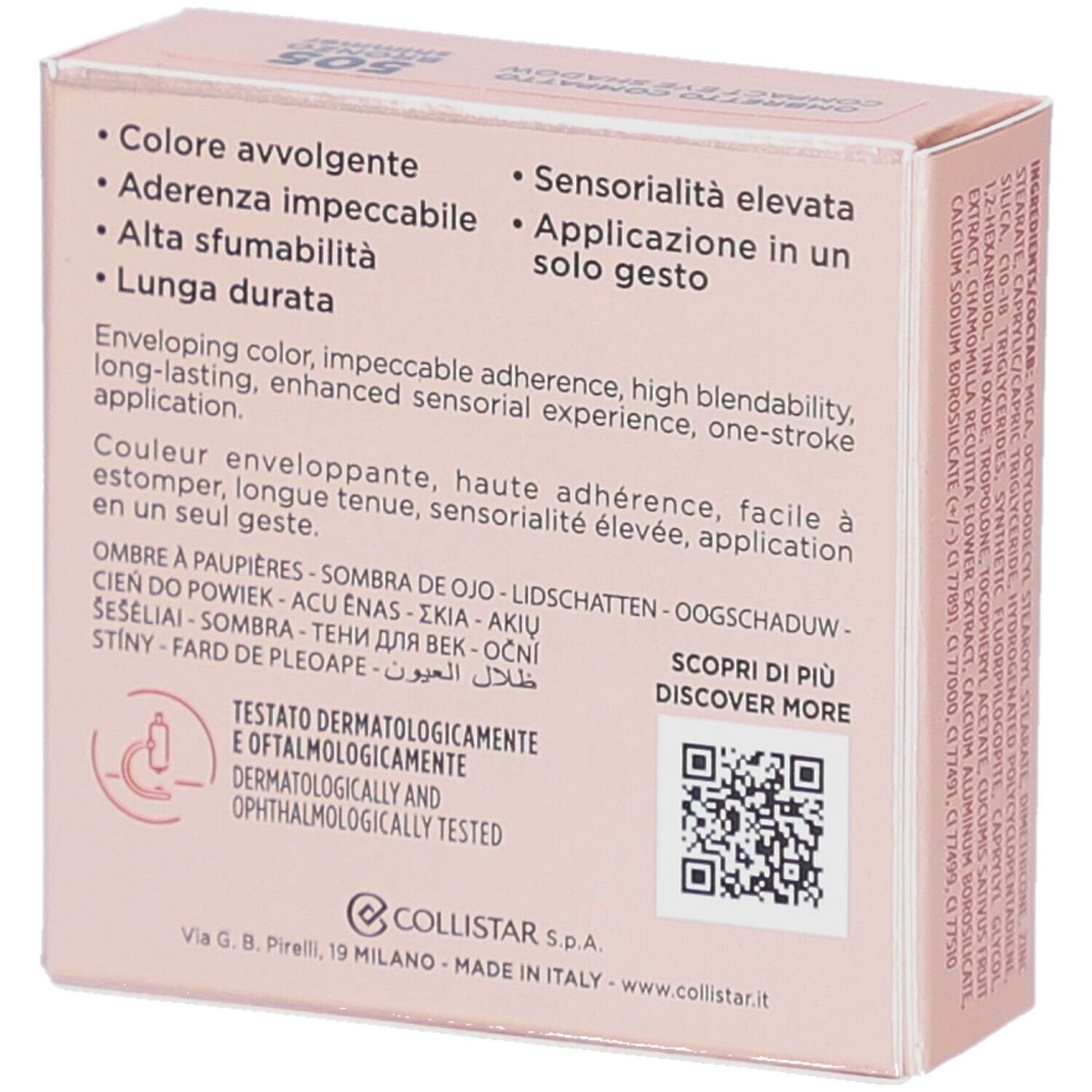 Dos de la boîte de fard à paupières compact Collistar. Texte, QR code, logo et certification.