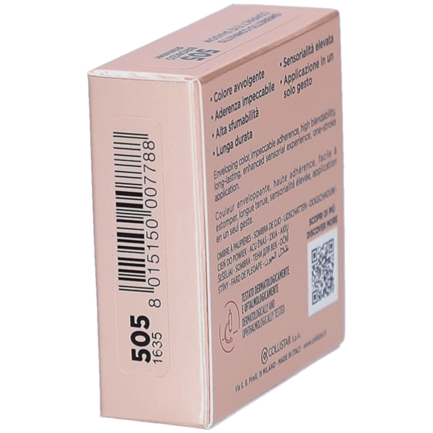 Dos de la boîte de fard à paupières compact Collistar. Code-barres, texte, logo et certification.