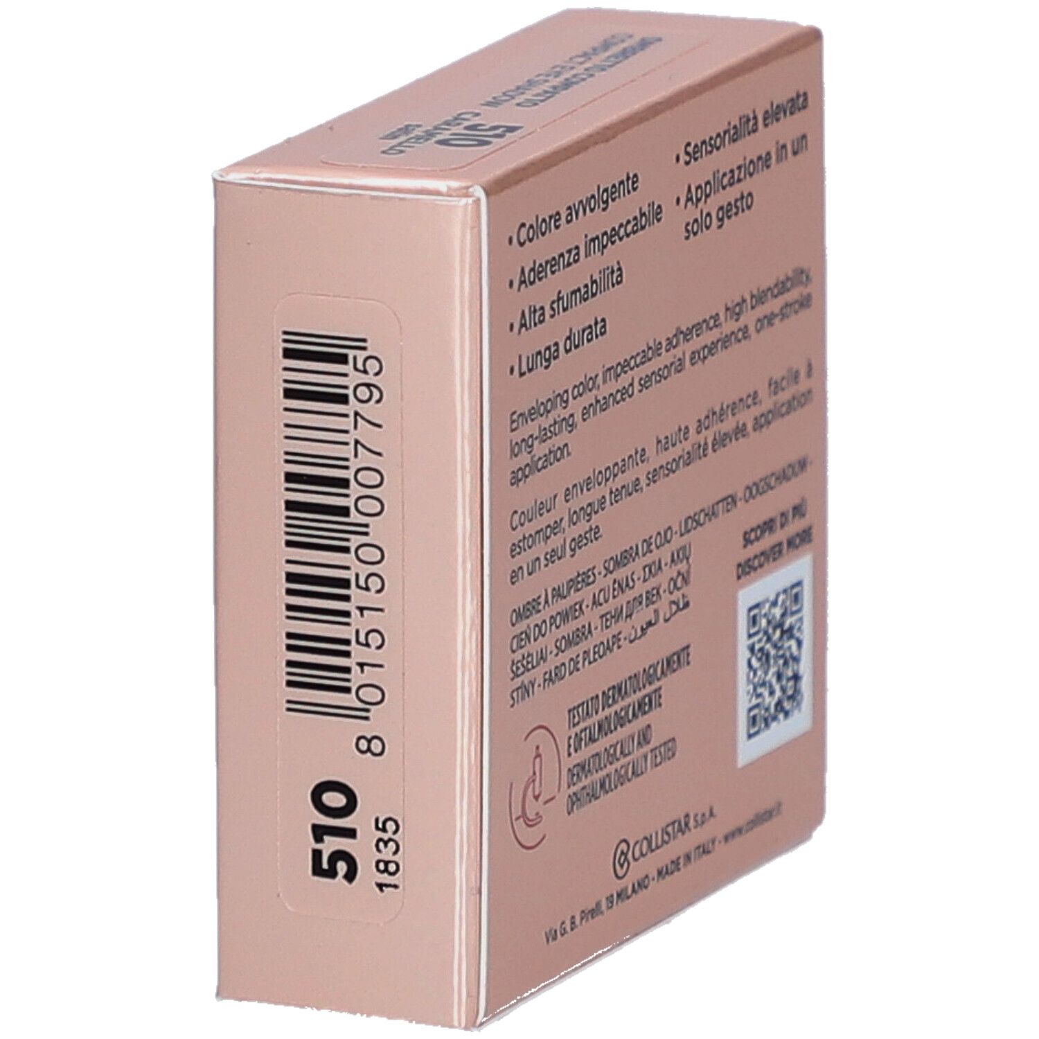 Emballage de fard à paupières rose. Texte: Couleur, adhérence, couvrance, tenue. Testé dermatologiquement et ophtalmologiquement. Code 510.