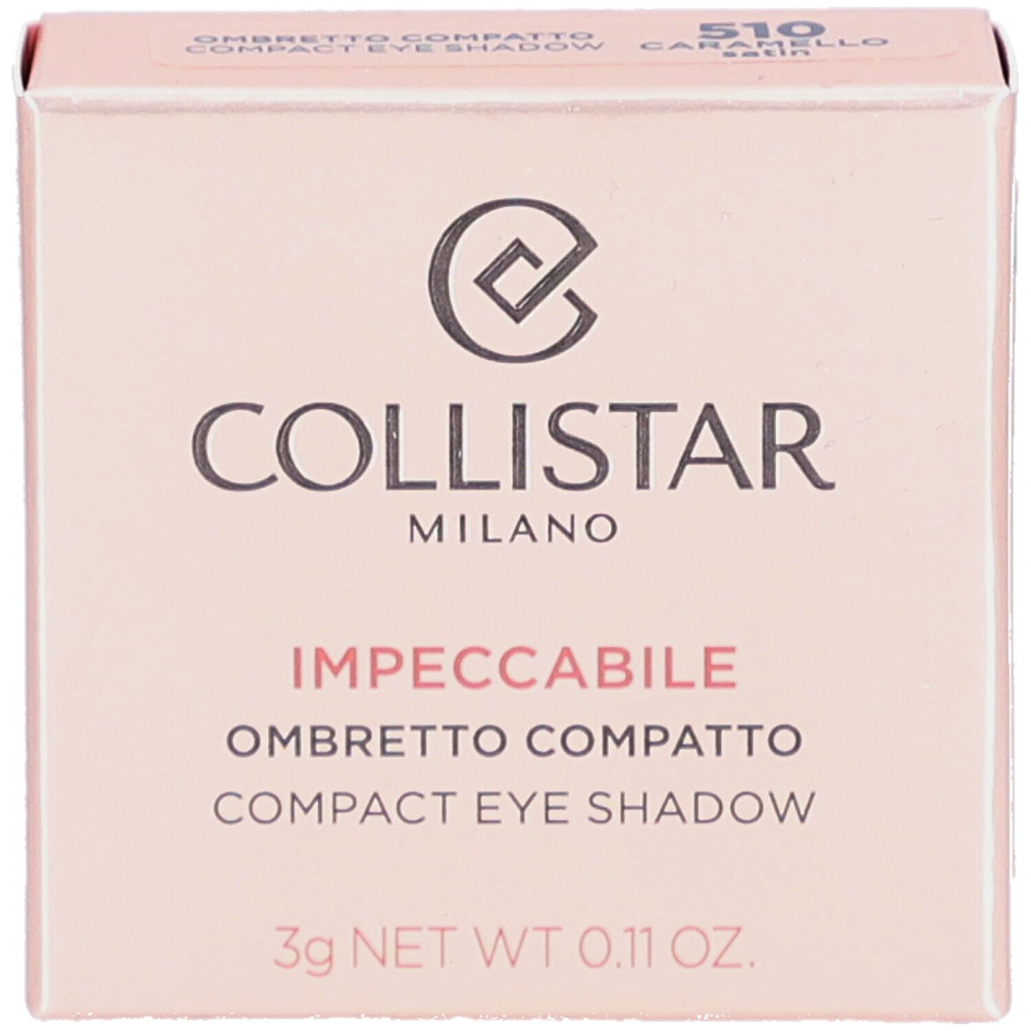 Fard à paupières compact dans une boîte rose. Marque: Collistar. Texte: Impeccabile Compact Eyeshadow. 3g net. Code couleur 510.