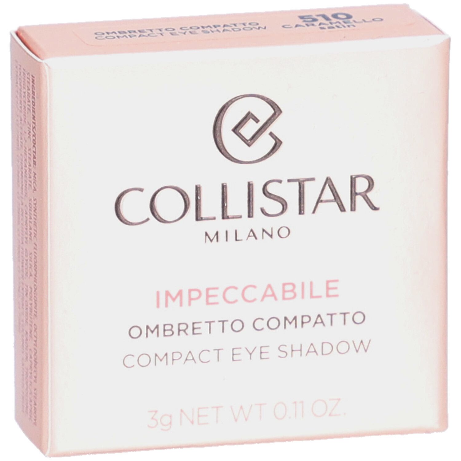 Fard à paupières compact dans une boîte rose. Marque: Collistar. Texte: Impeccabile Compact Eyeshadow. 3g net. Code couleur 510.