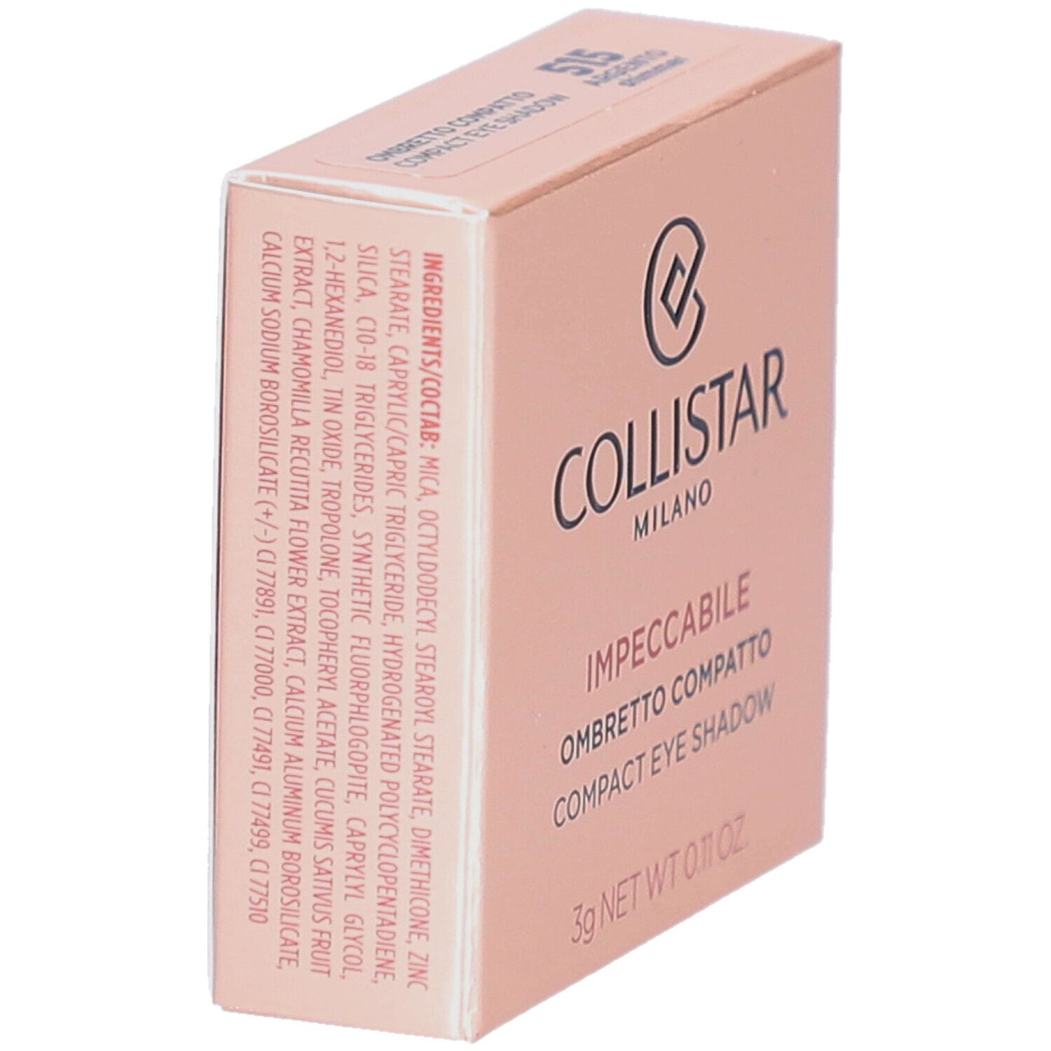 Boîte de fard à paupières compact. Marque : Collistar. Couleur : 515 Argento Shimmer. 3g. Emballage rose avec logo et nom du produit.