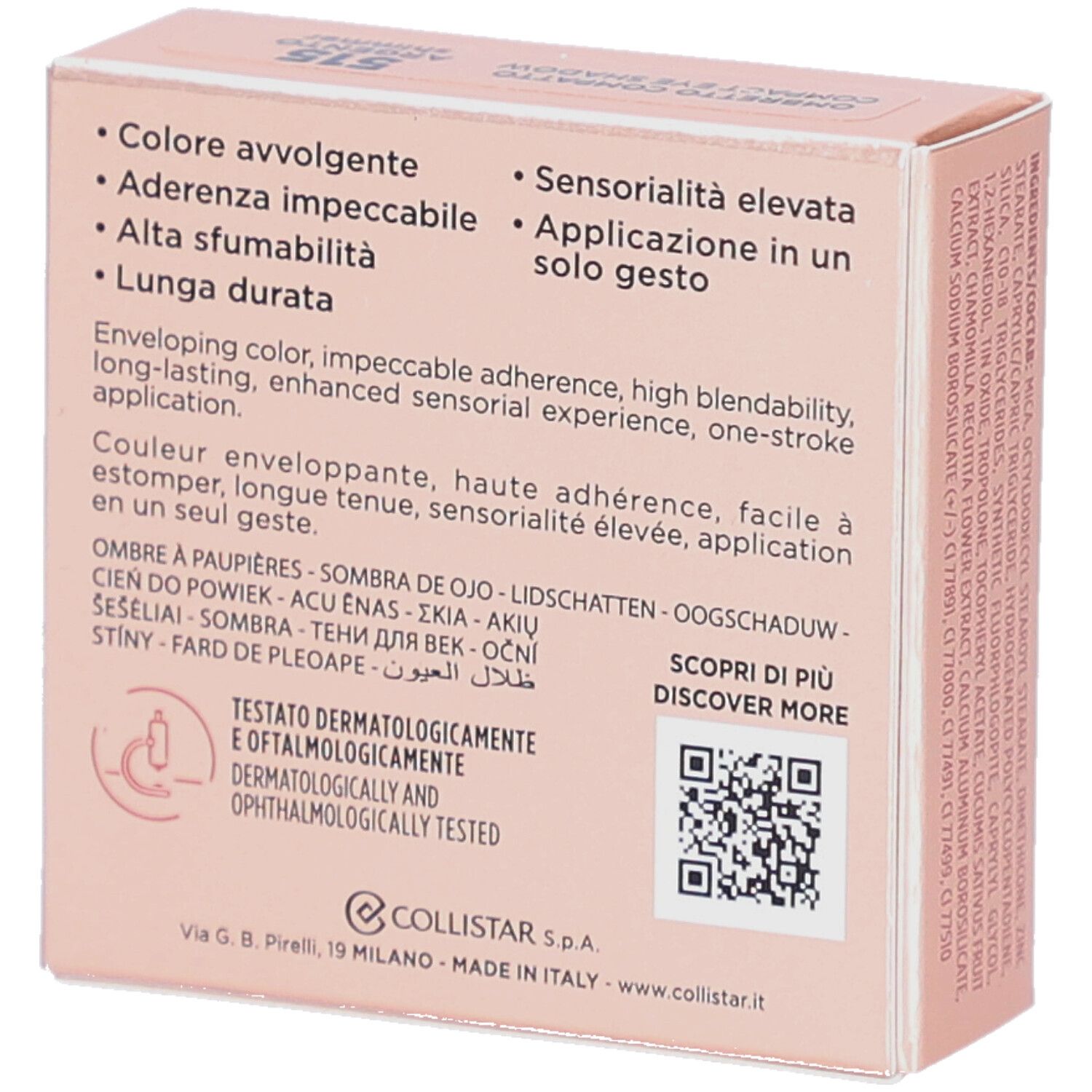 Dos de la boîte de fard à paupières. Texte multilingue. Marque : Collistar. Testé dermatologiquement et ophtalmologiquement.