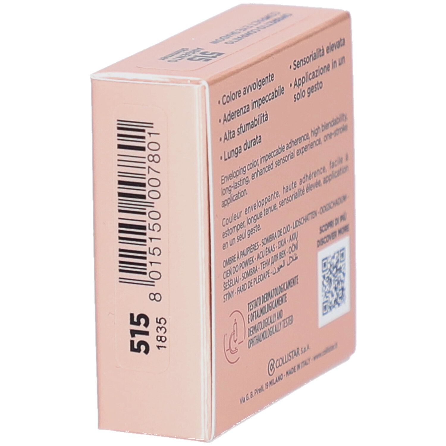 Côté de la boîte de fard à paupières. Marque : Collistar. Couleur : 515. Code-barres. Testé dermatologiquement et ophtalmologiquement.
