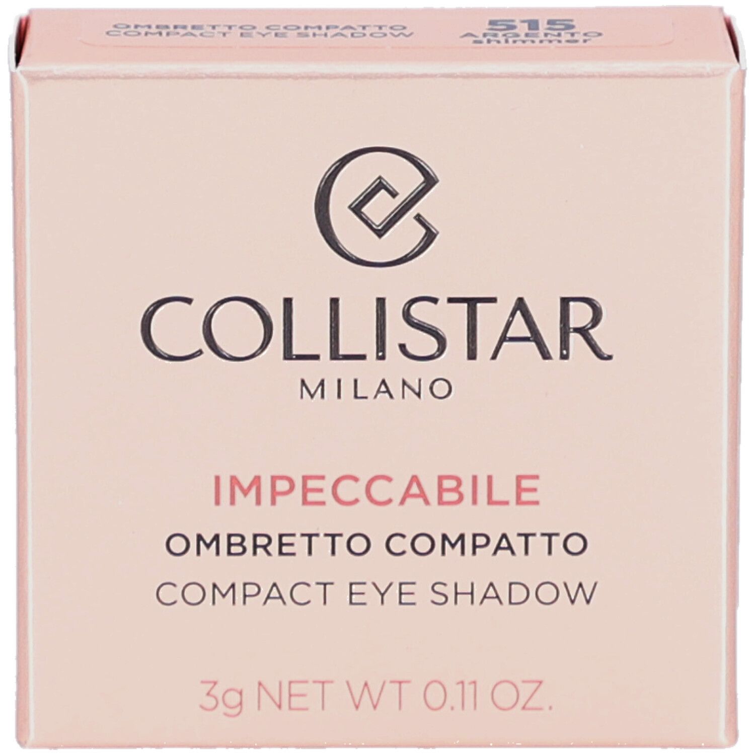 Boîte de fard à paupières compact. Marque : Collistar. Couleur : 515 Argento Shimmer. 3g. Emballage rose avec logo et nom du produit.