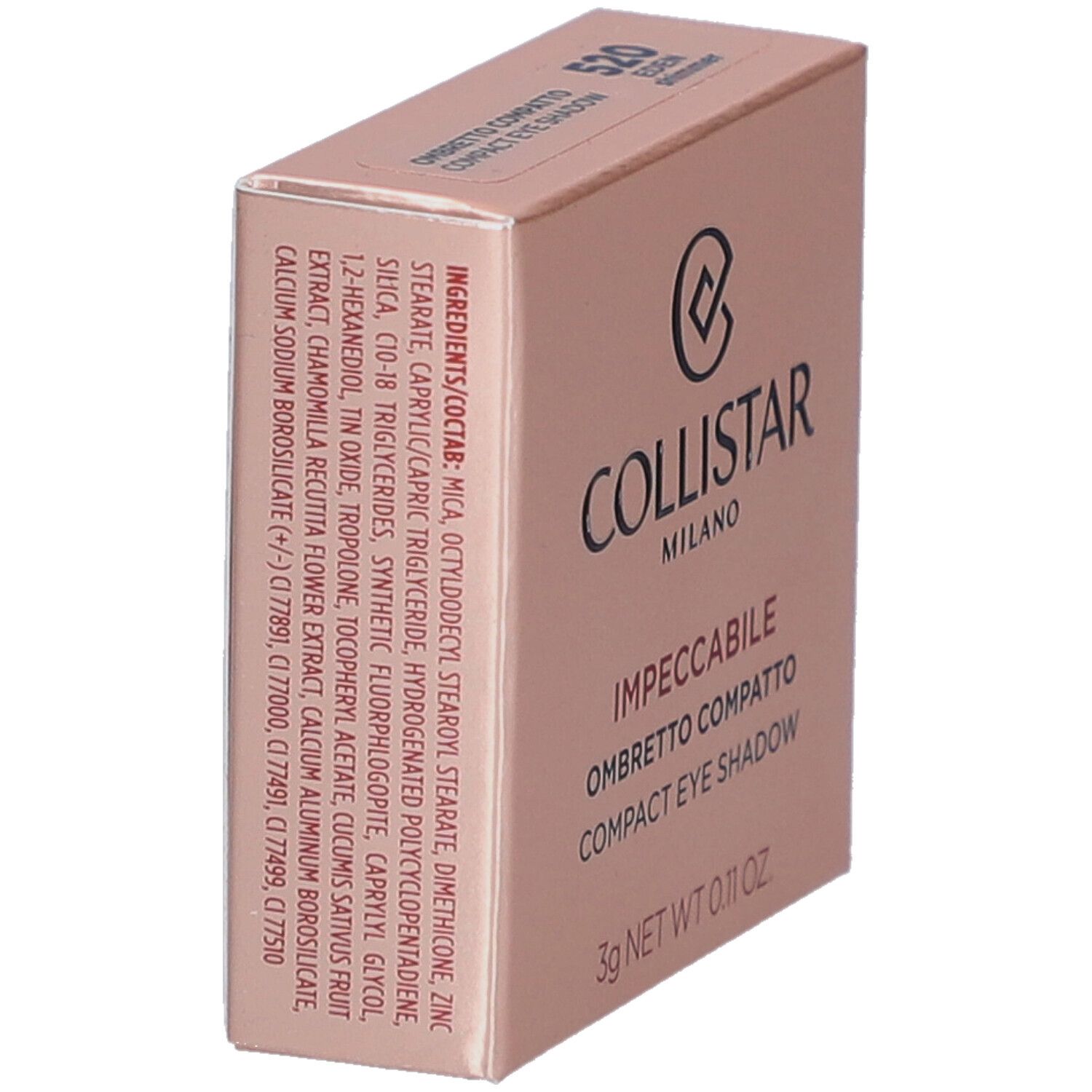 Boîte de fard à paupières compact. Marque Collistar. Teinte rose. Texte : Impeccabile Ombretto Compatto Compact Eye Shadow. 3g Net Wt 0.11 OZ.
