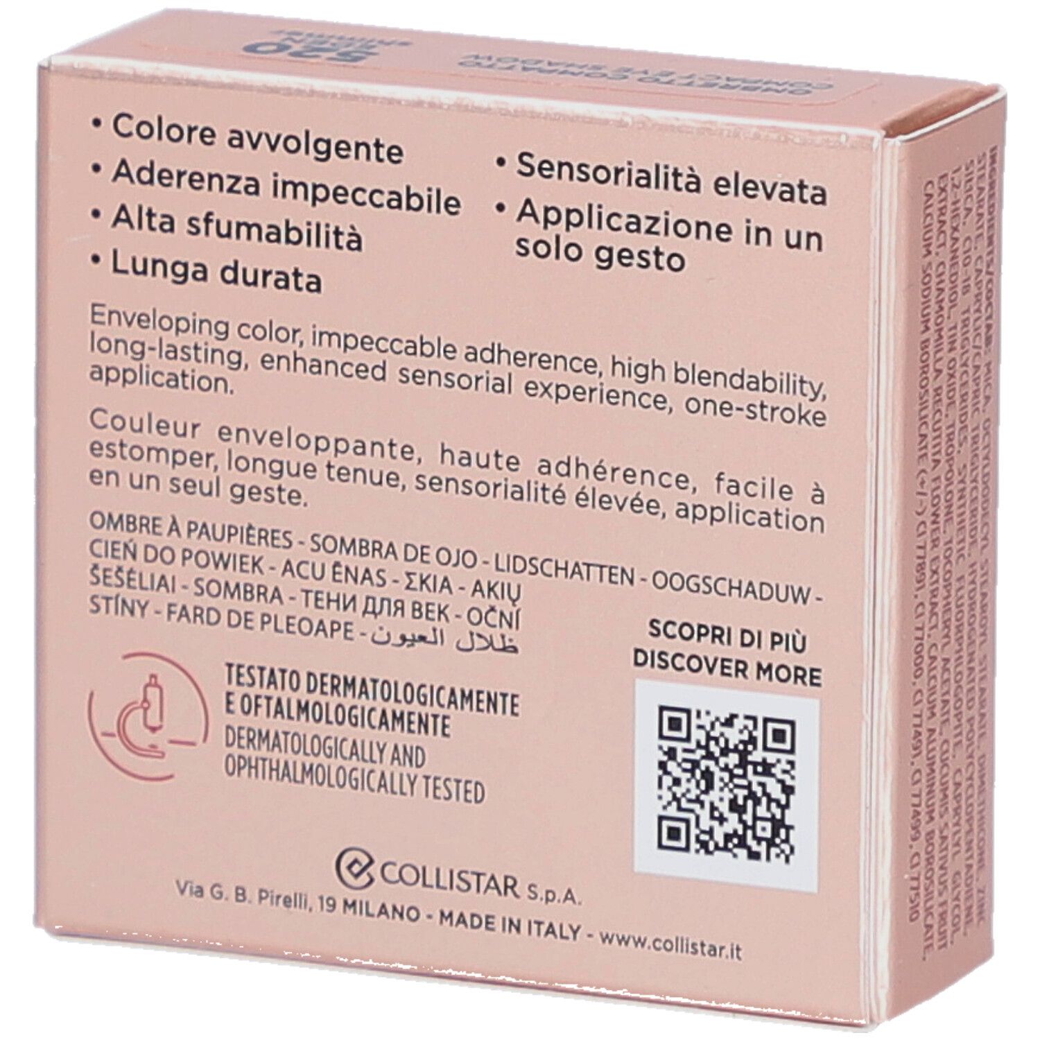 Dos de la boîte de fard à paupières. Marque Collistar. Texte : testé dermatologiquement et ophtalmologiquement. Code QR. Ingrédients.