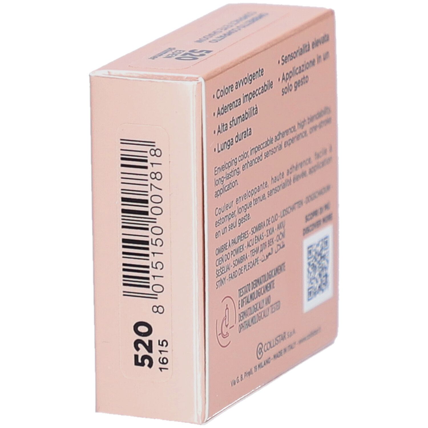 Dos de la boîte de fard à paupières. Marque Collistar. Texte : testé dermatologiquement et ophtalmologiquement. Code QR. Code-barres.