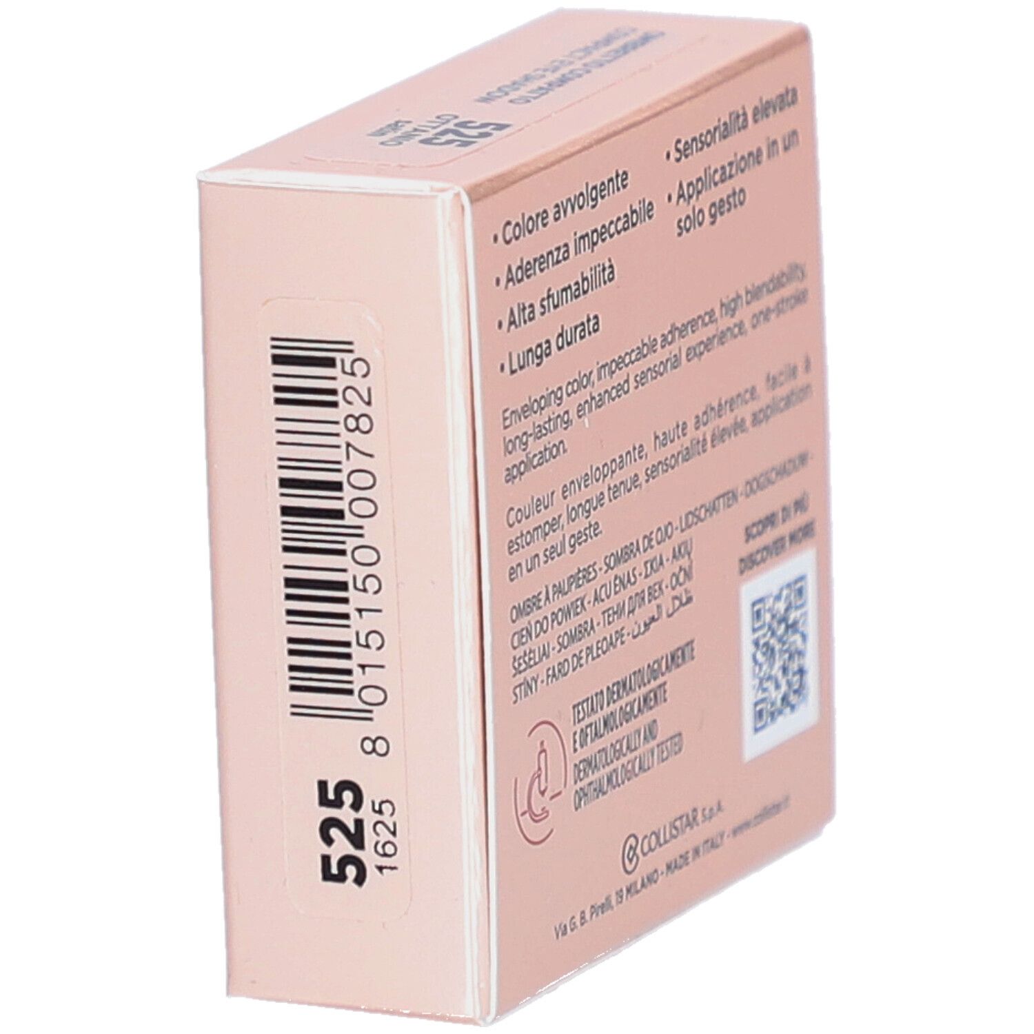 Dos de la boîte de fard à paupières compact Collistar. Texte, code QR, testé dermatologiquement. Code couleur 525.