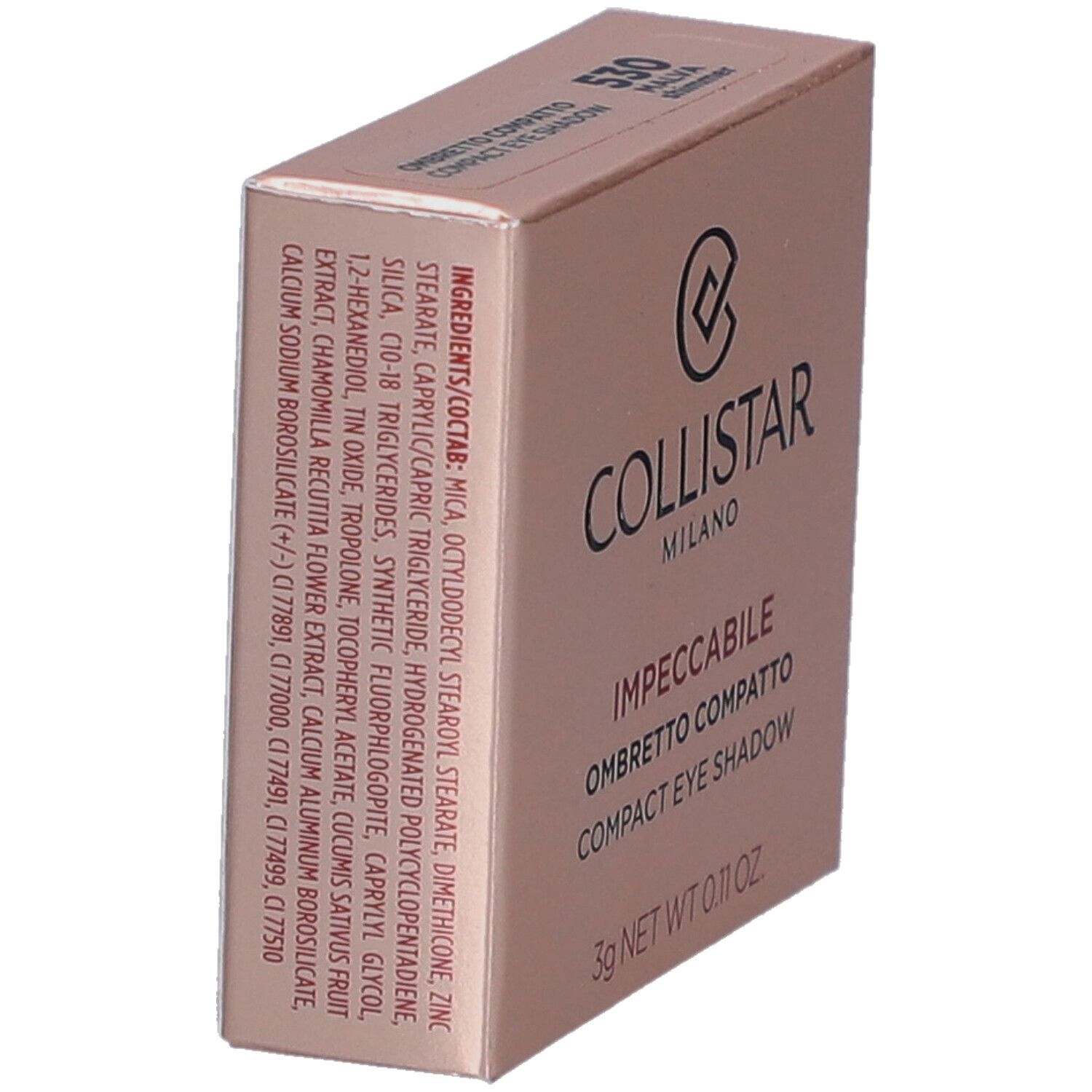 Boîte de fard à paupières compact. Marque Collistar. Ingrédients et informations sur l'emballage.
