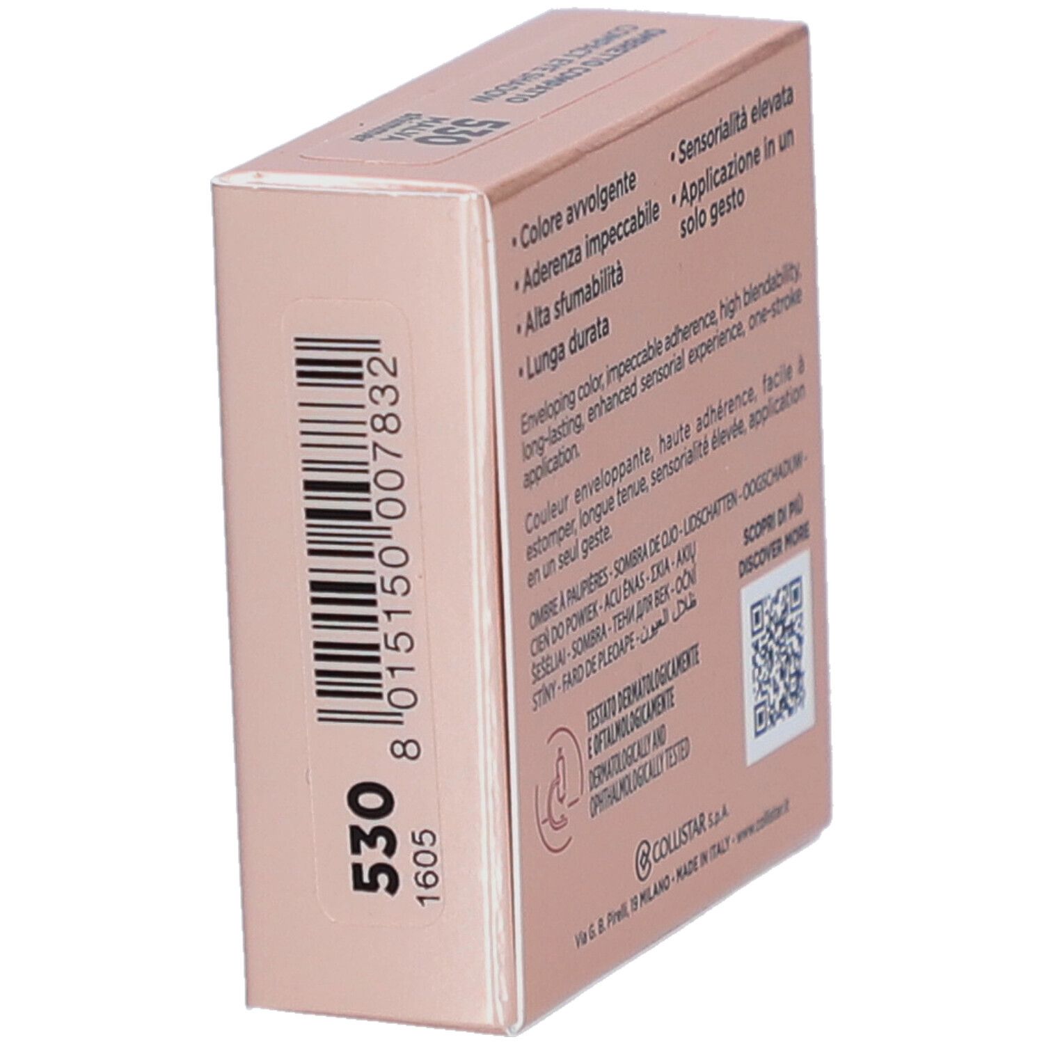 Boîte de fard à paupières compact. Marque Collistar. Teinte 530. Informations et code-barres.