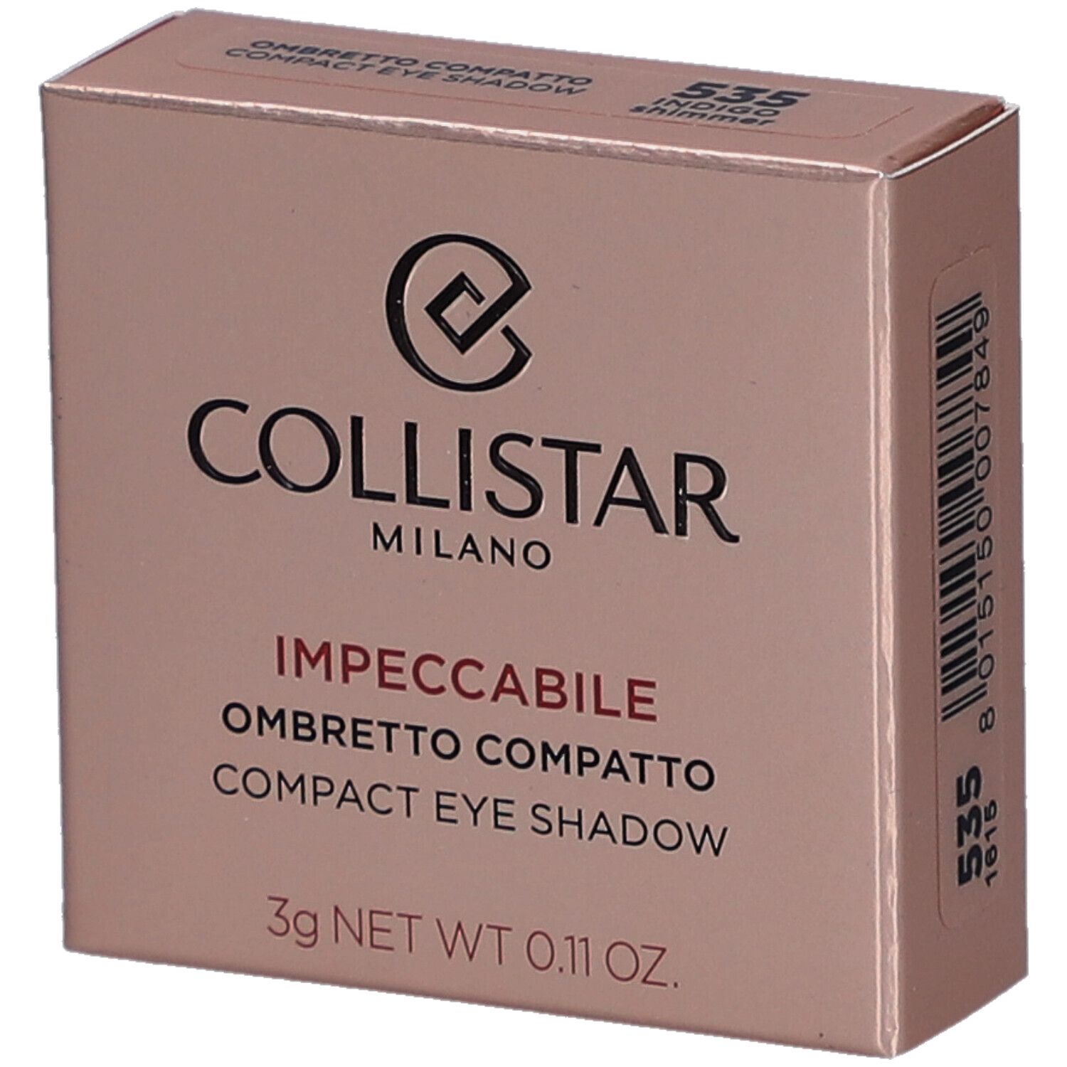 Boîte rose. Collistar Milano, Impeccabile Compact Eyeshadow. 3g. Code couleur 535 Indigo Shimmer.