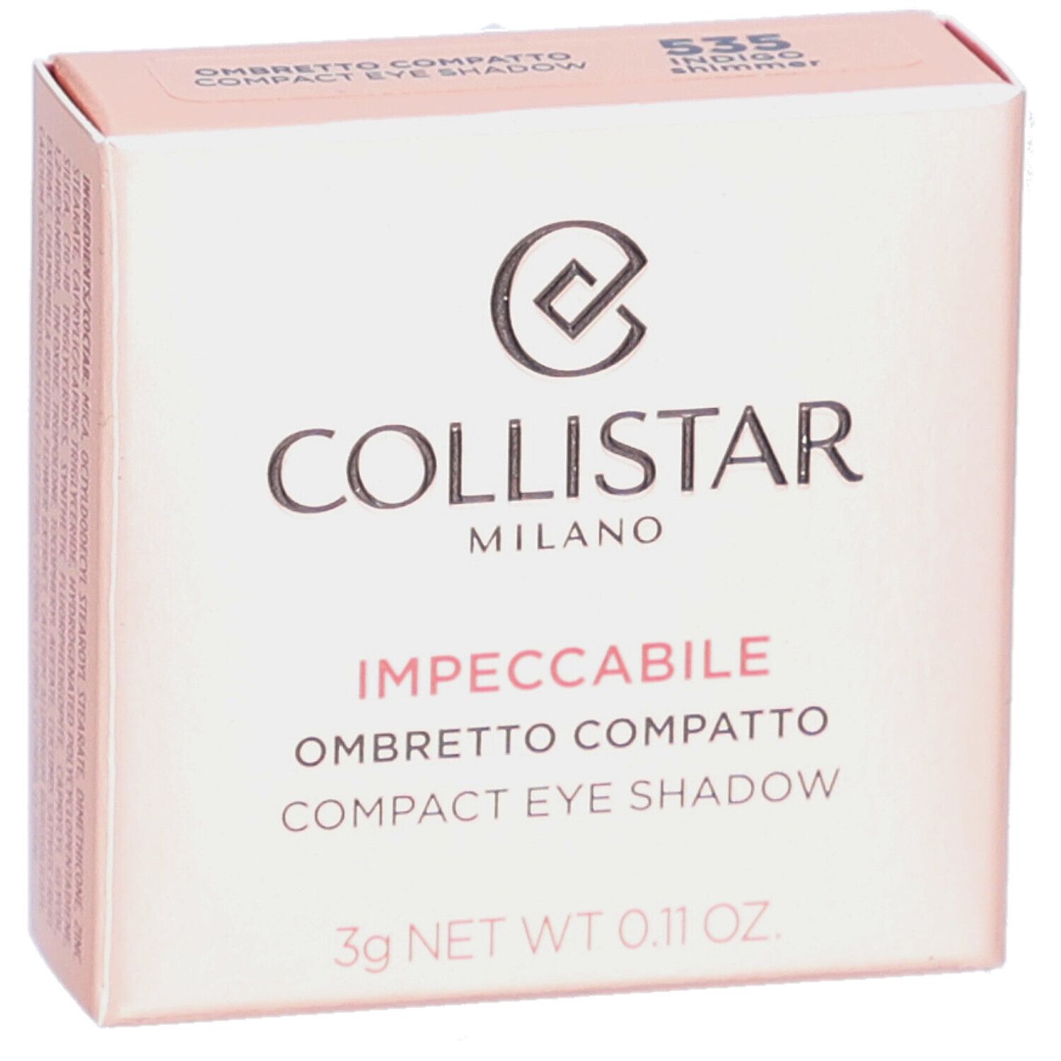 Boîte rose. Collistar Milano, Impeccabile Compact Eyeshadow. 3g. Code couleur 535 Indigo Shimmer.