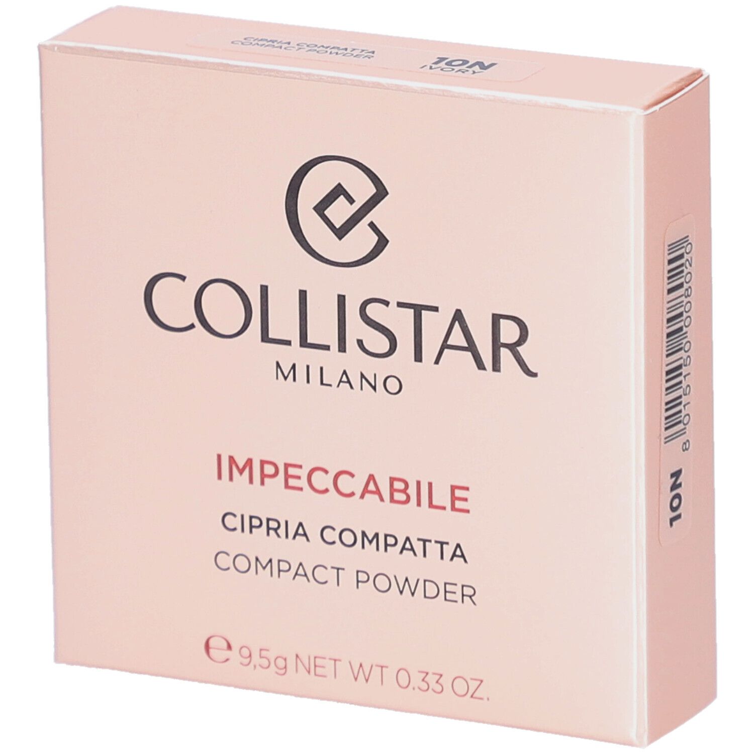 Boîte de poudre compacte Collistar Impeccabile. Rose, logo et nom du produit. 9,5g.