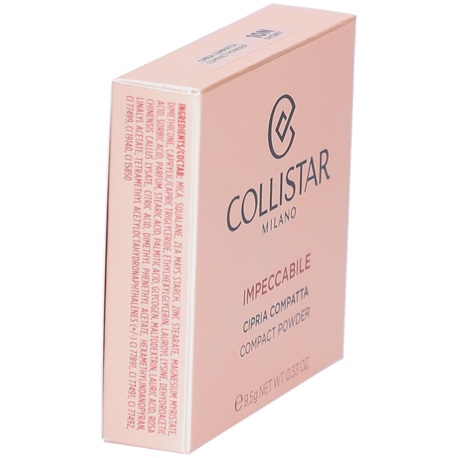 Emballage de poudre compacte Collistar Impeccabile. Ingrédients, logo et nom du produit. 9,5g.