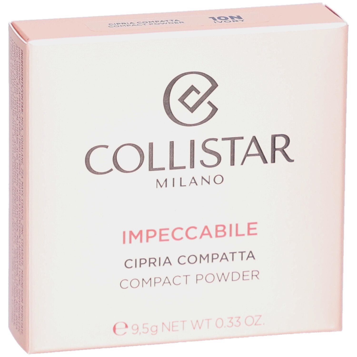 Emballage de poudre compacte Collistar Impeccabile. Blanc, logo, nom du produit, 9,5g.